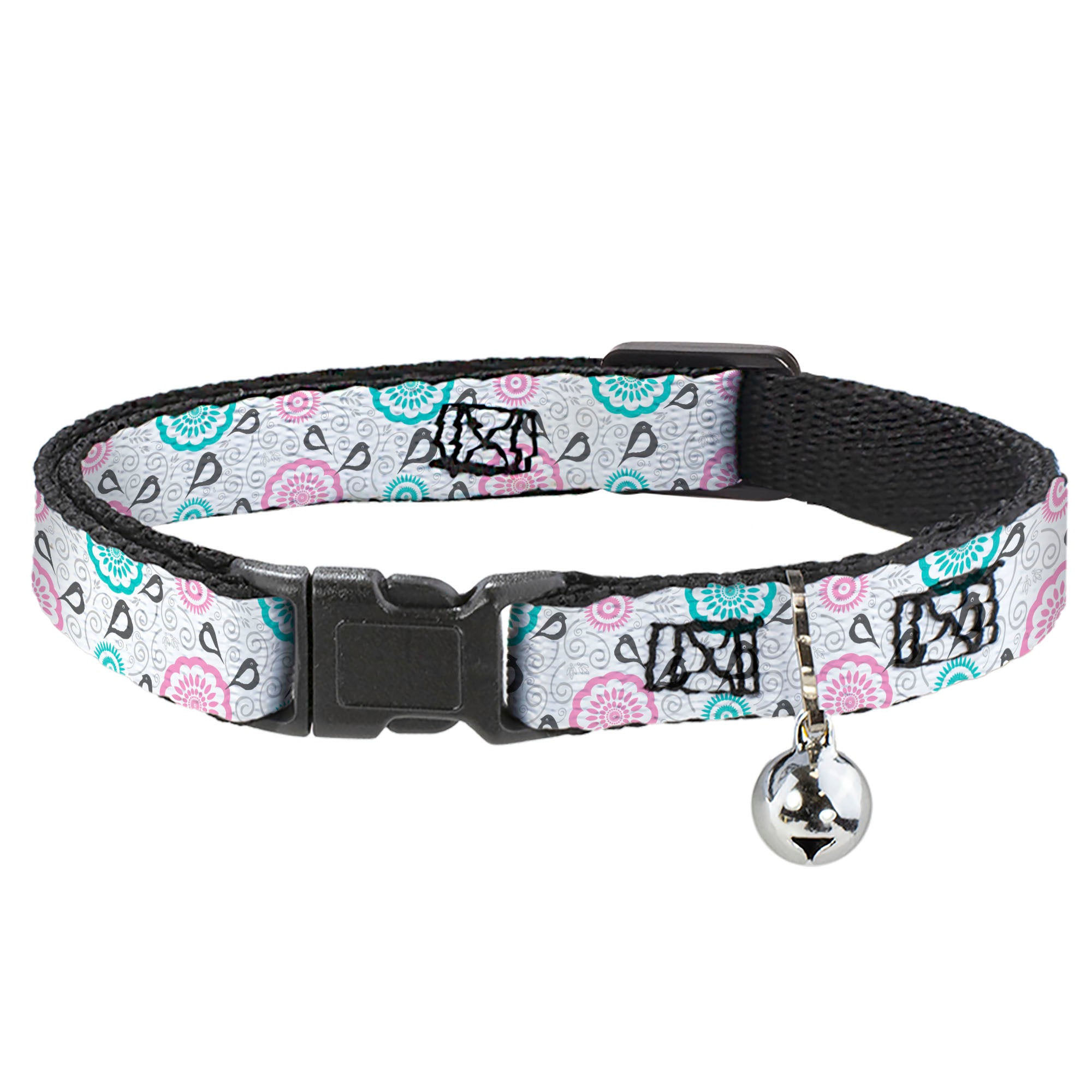 Cat Collar Breakaway - Bird Tapestry White Gray Turquoise Pink Breakaway Cat Collars Buckle-Down
