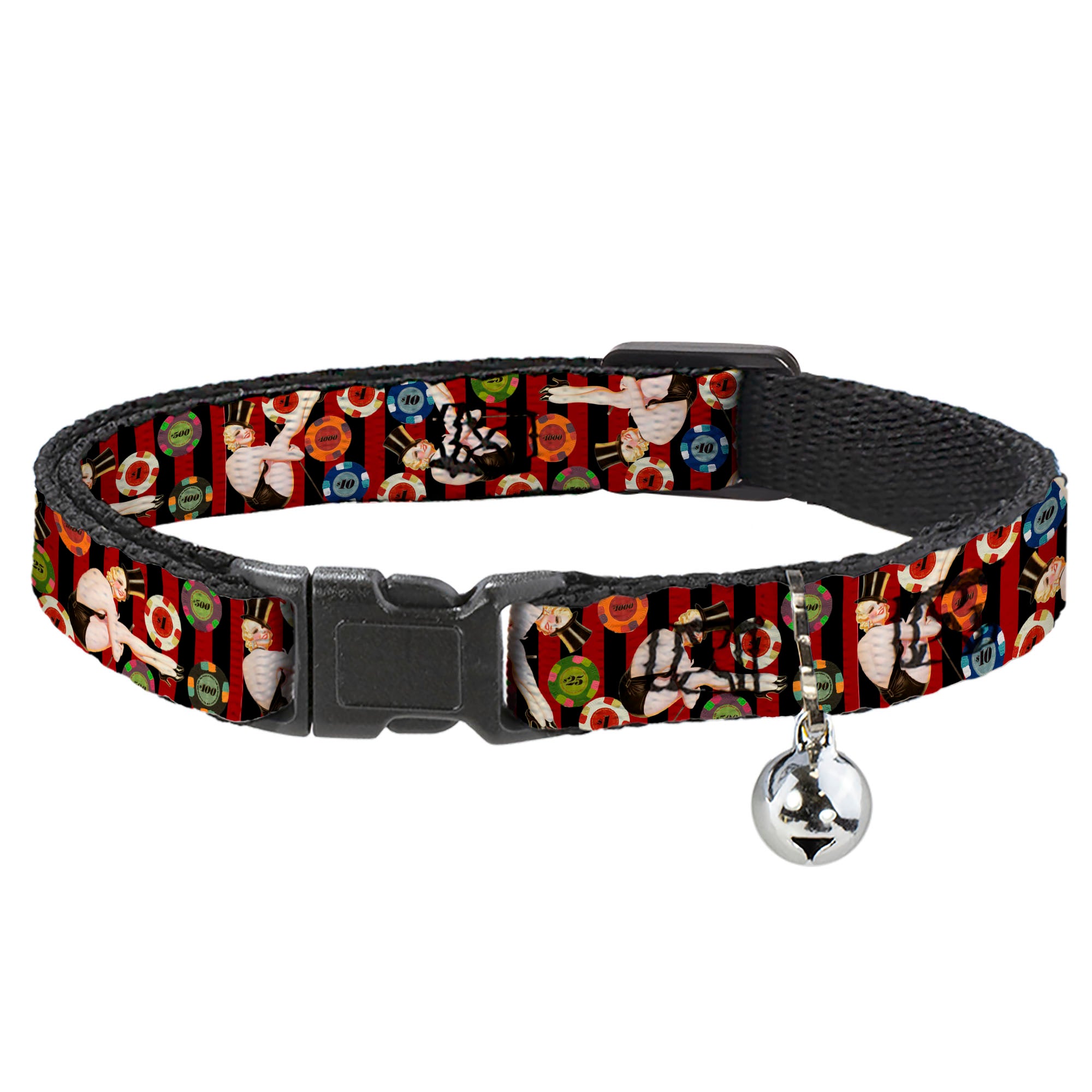 Cat Collar Breakaway - Top Hat Pin Up Girl Poker Chips Vertical Stripes Red Black Breakaway Cat Collars Buckle-Down