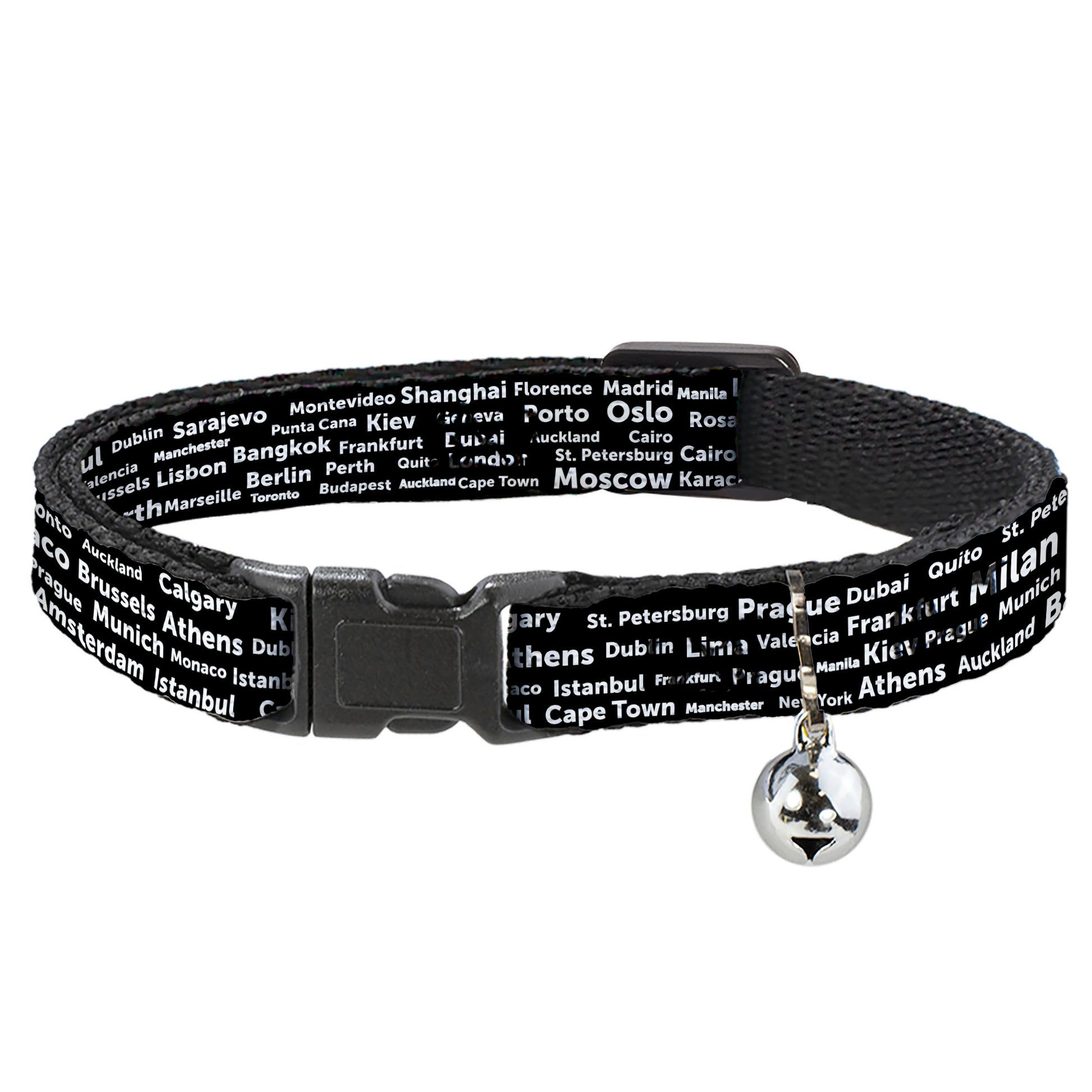 Cat Collar Breakaway - Verbiage Destination Cities Black White Breakaway Cat Collars Buckle-Down