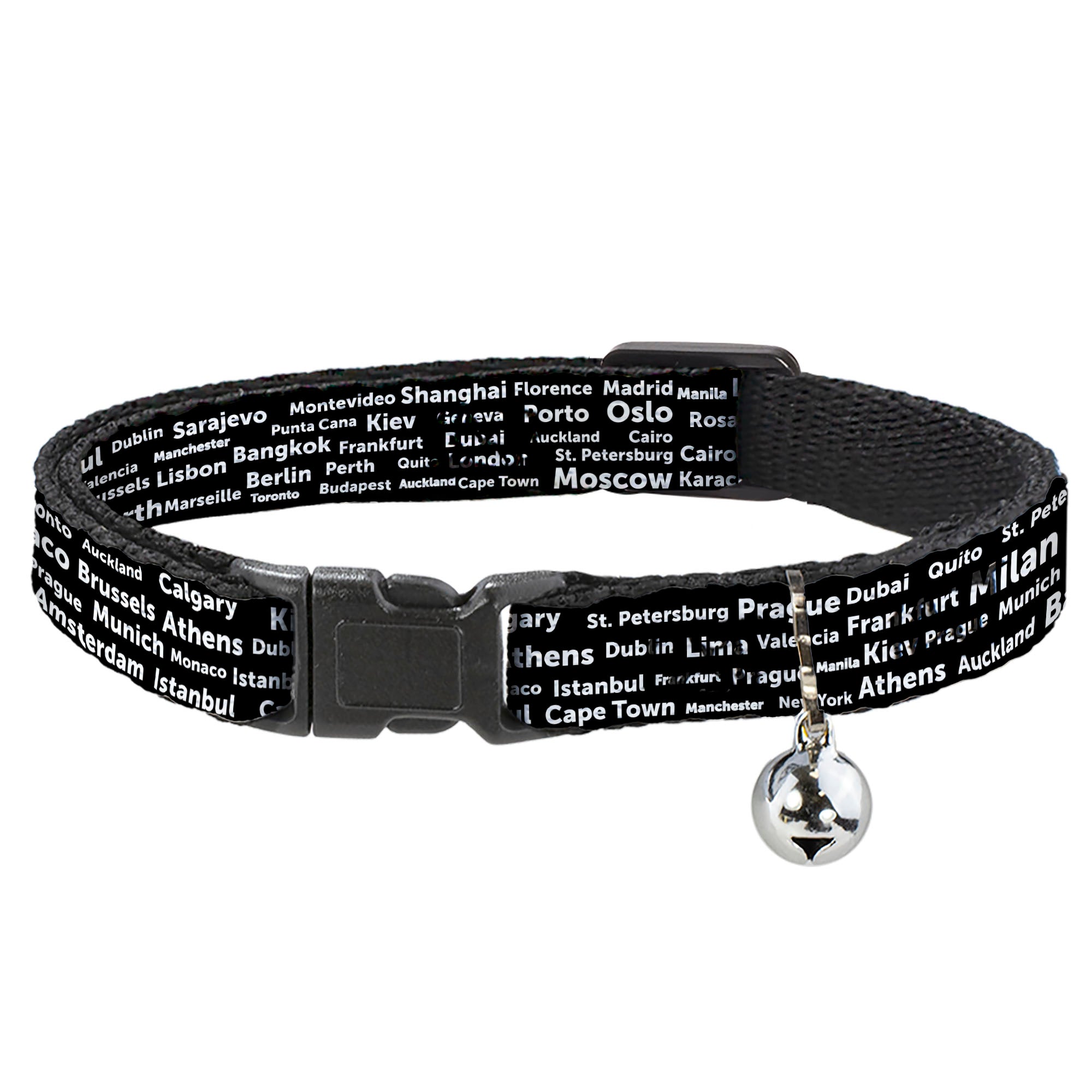 Cat Collar Breakaway - Verbiage Destination Cities Black White Breakaway Cat Collars Buckle-Down