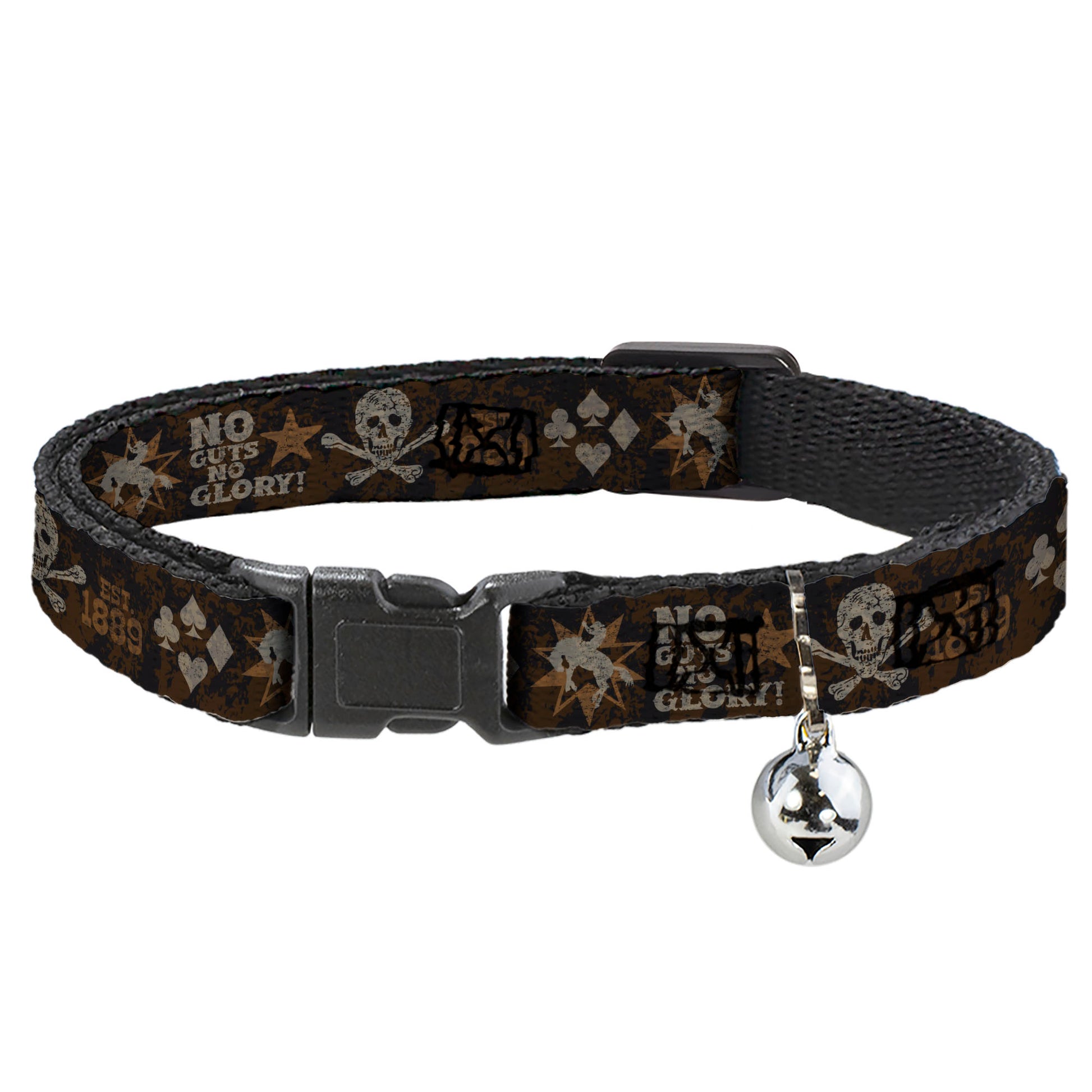 Cat Collar Breakaway with Bell - Western NO GUTS NO GLORY Skull and Crossbones Browns Gray Breakaway Cat Collars Buckle-Down