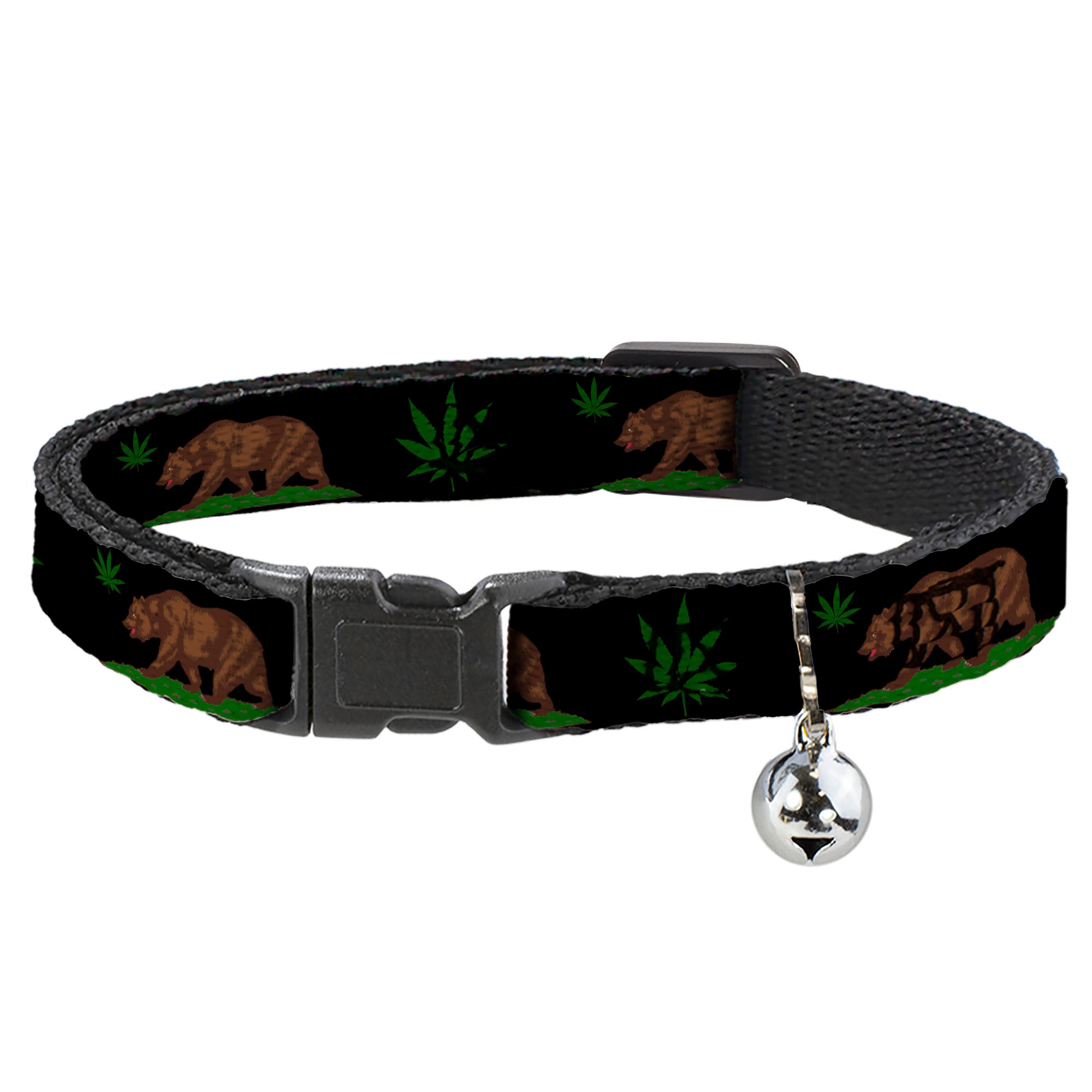 Cat Collar Breakaway - Cali Bear Pot Leaf Black Gray Green Breakaway Cat Collars Buckle-Down
