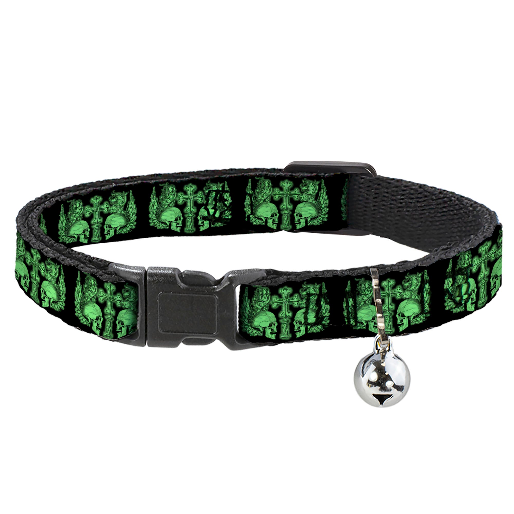 Cat Collar Breakaway - BD Skulls w Wings Black Green Breakaway Cat Collars Buckle-Down