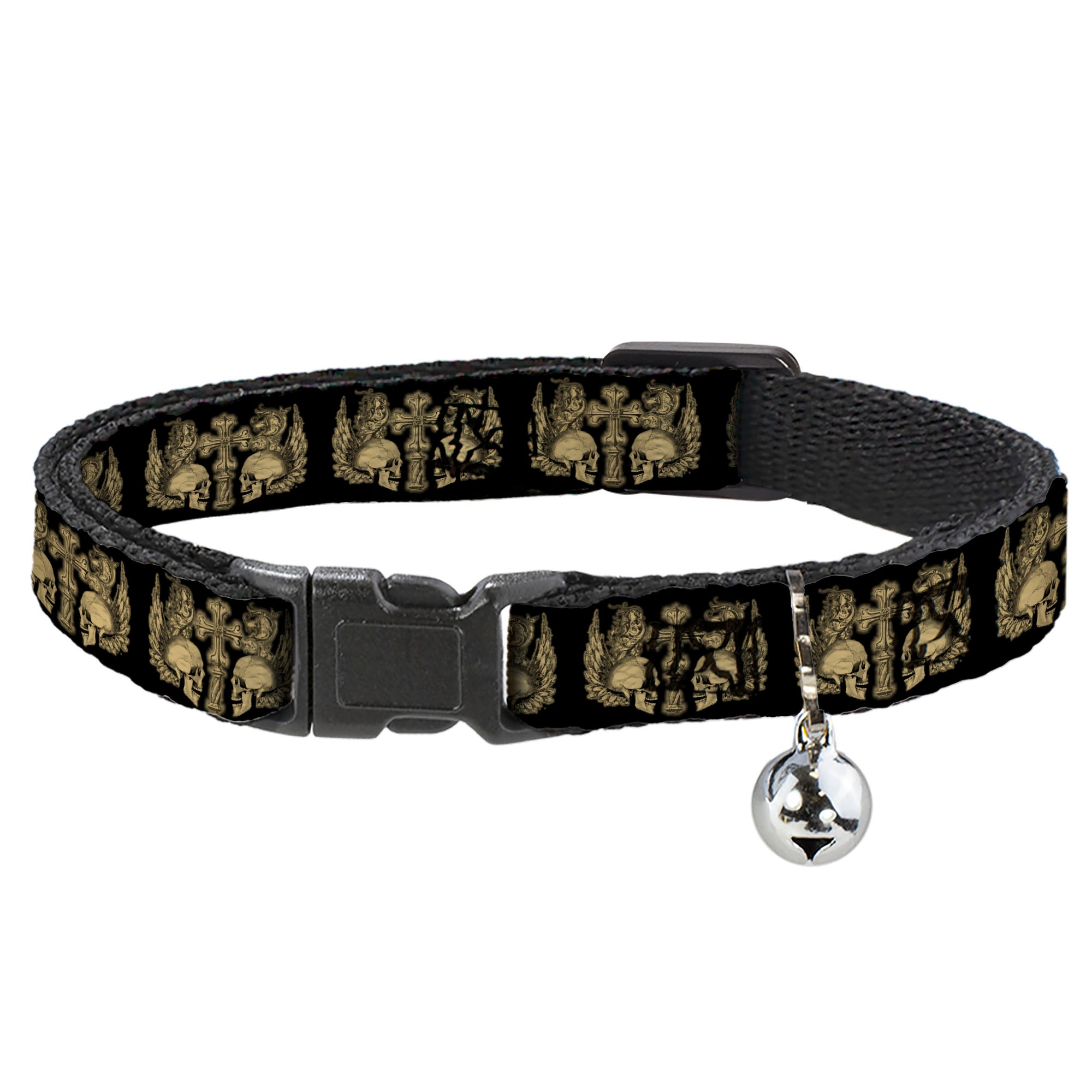 Cat Collar Breakaway - BD Skulls w Wings Black Tan Breakaway Cat Collars Buckle-Down