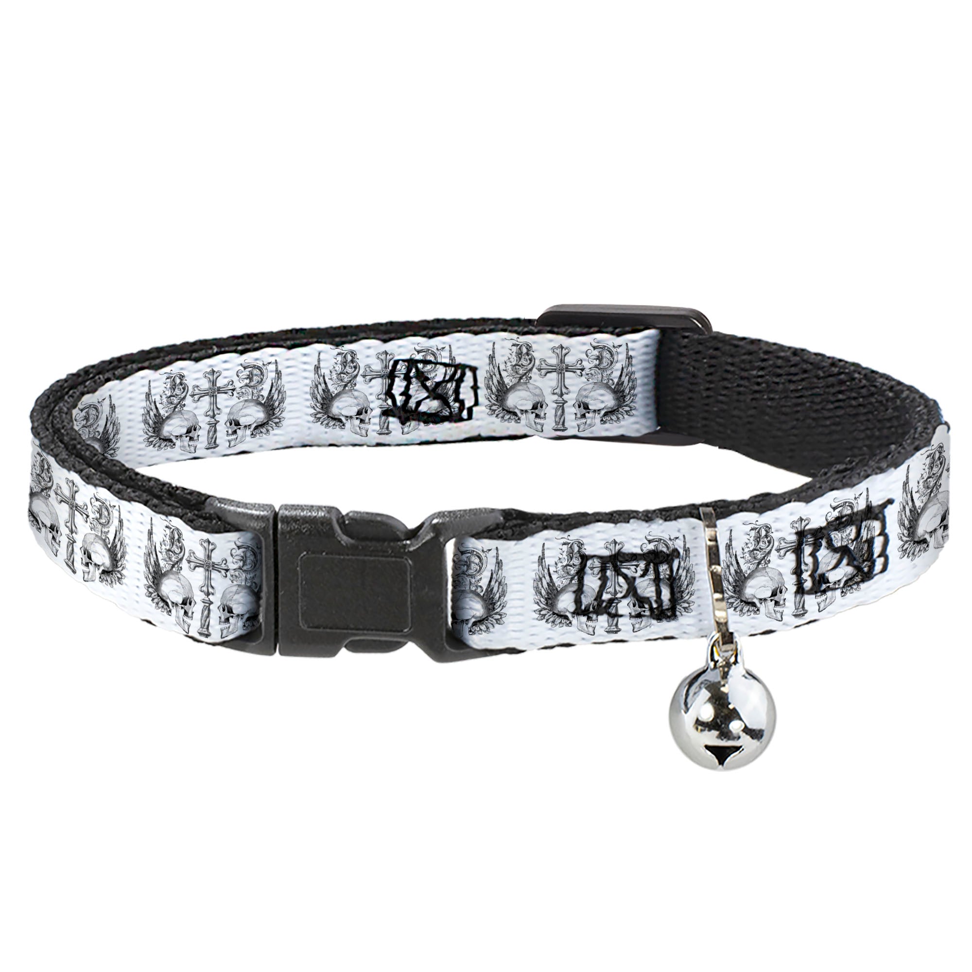 Cat Collar Breakaway - BD Skulls w Wings White Black Breakaway Cat Collars Buckle-Down