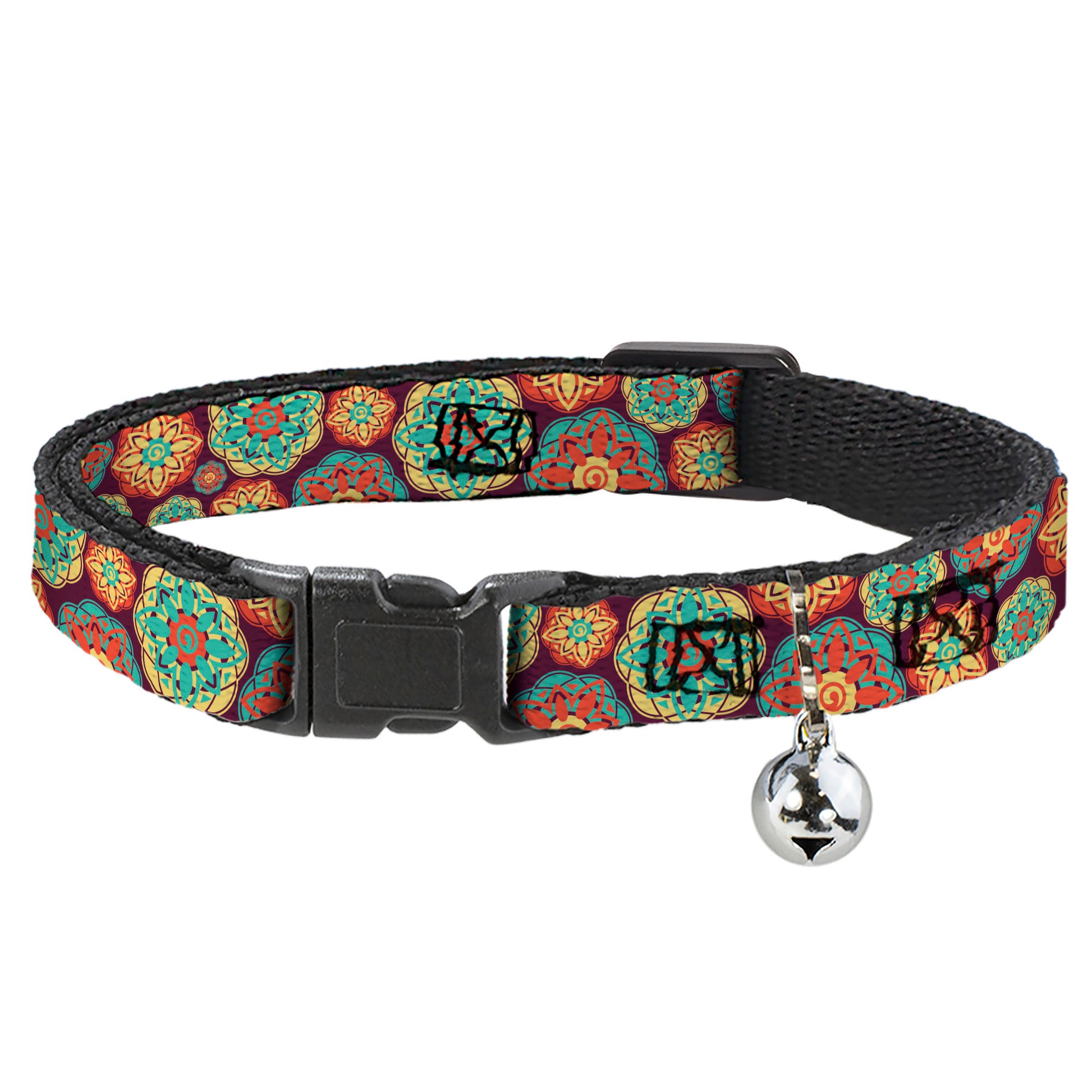 Cat Collar Breakaway - Boho Mandala Burgundy Yellow Turquoise Orange Breakaway Cat Collars Buckle-Down