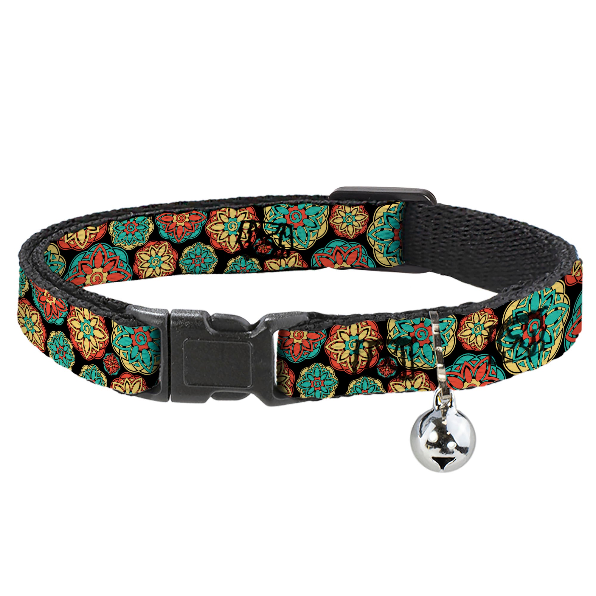 Cat Collar Breakaway - Boho Mandala Black Yellow Turquoise Orange Breakaway Cat Collars Buckle-Down