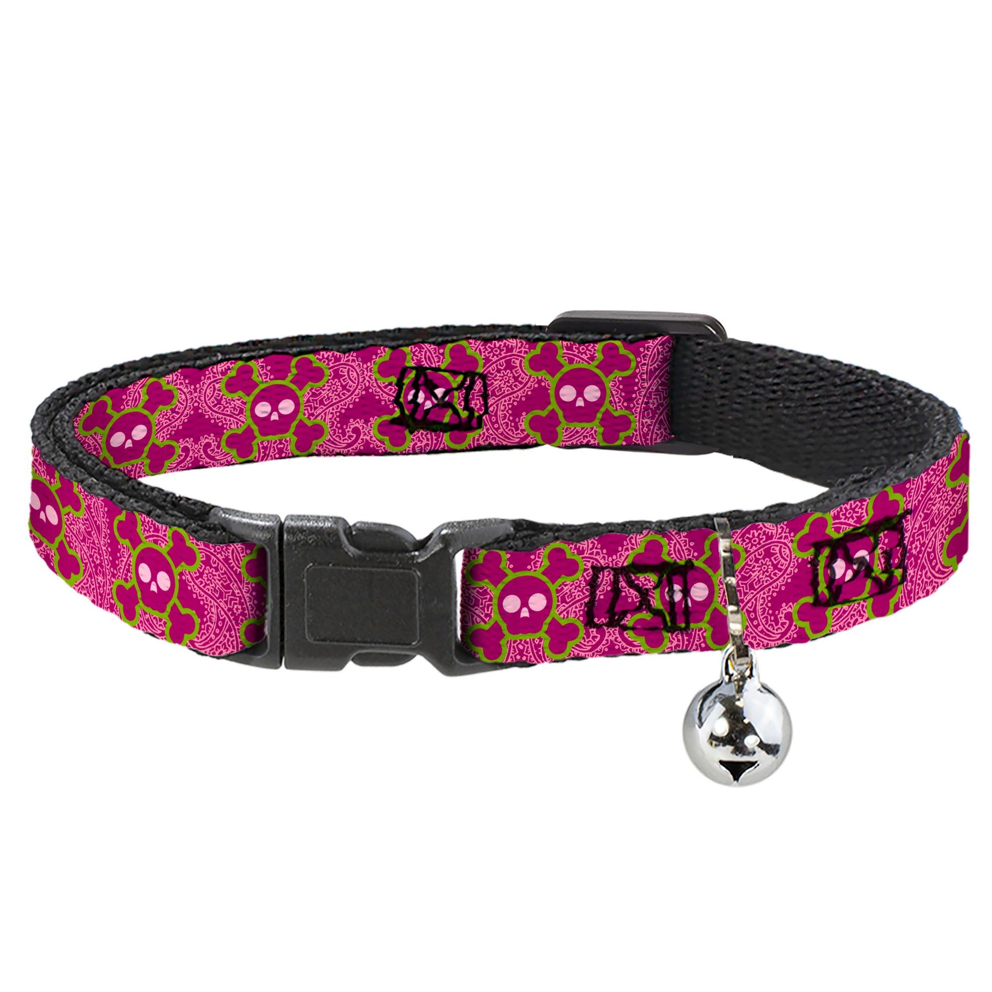 Cat Collar Breakaway - Cute Skulls w Paisley Purple Pink Green Breakaway Cat Collars Buckle-Down