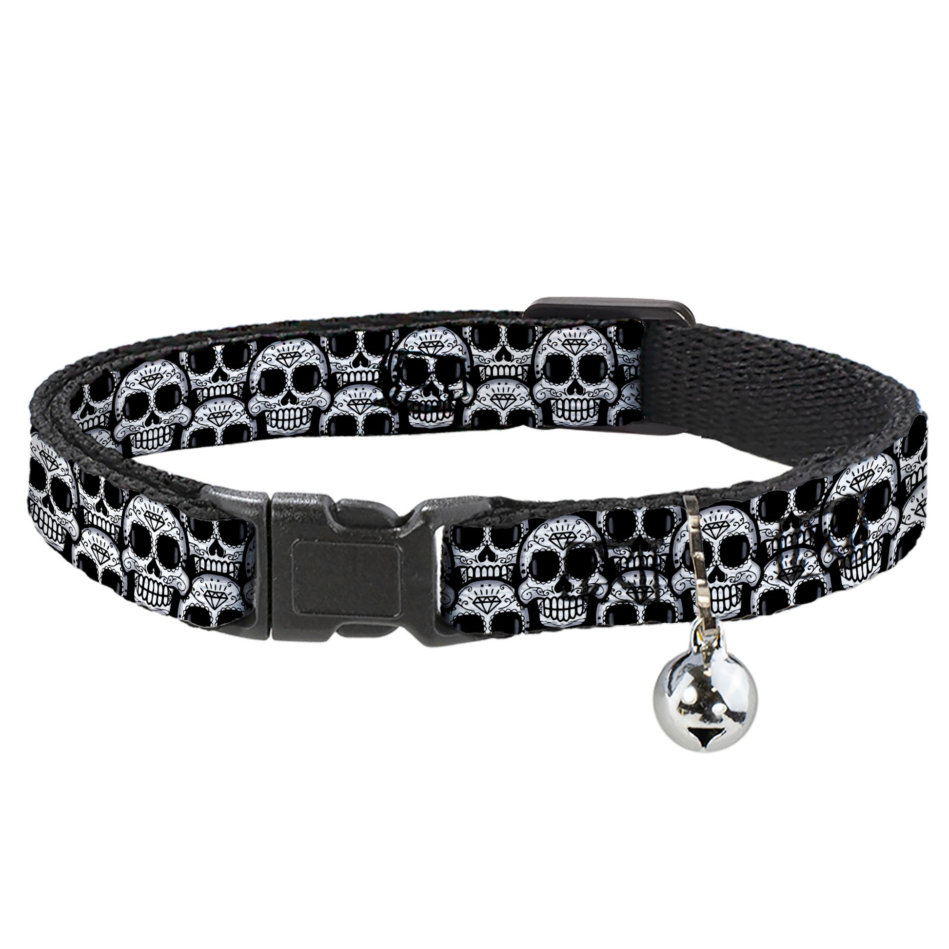 Cat Collar Breakaway - Cartoon Sugar Skulls Stacked Black White Breakaway Cat Collars Buckle-Down