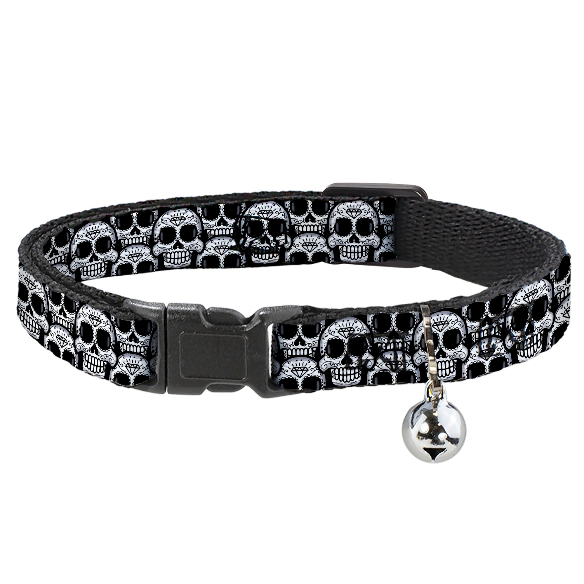Cat Collar Breakaway - Cartoon Sugar Skulls Stacked Black White Breakaway Cat Collars Buckle-Down