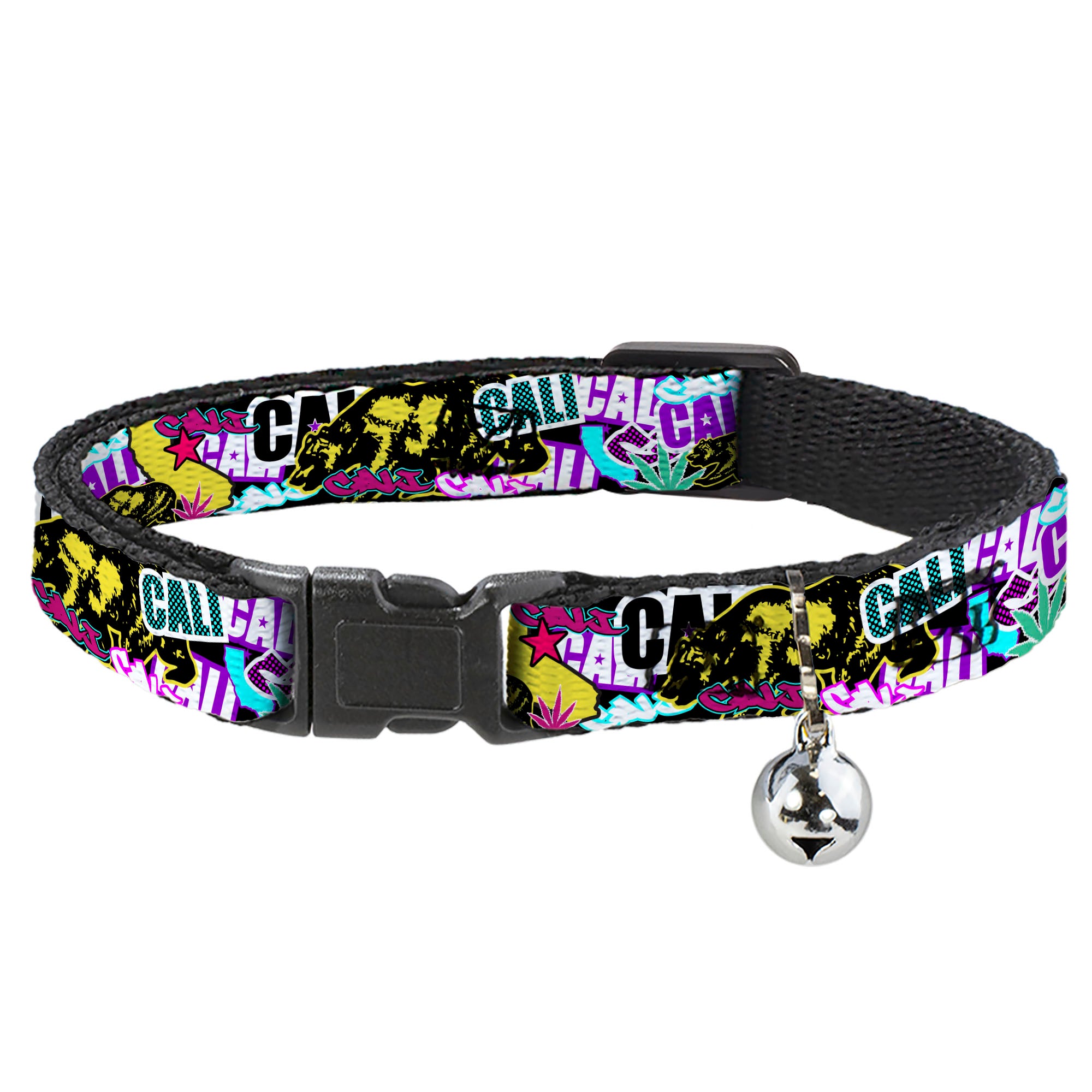 Cat Collar Breakaway - Cali Bear CALI Graffiti Pot Leaves Black Multi Color Breakaway Cat Collars Buckle-Down