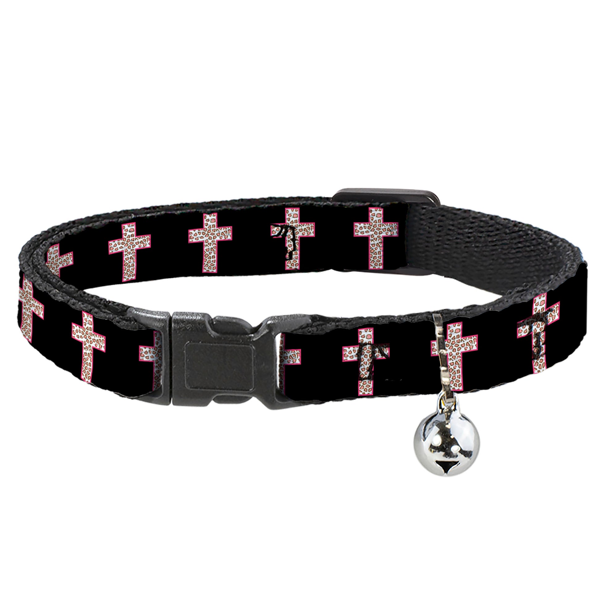 Cat Collar Breakaway - Cross Repeat Black Leopard Brown Pink Outline Breakaway Cat Collars Buckle-Down