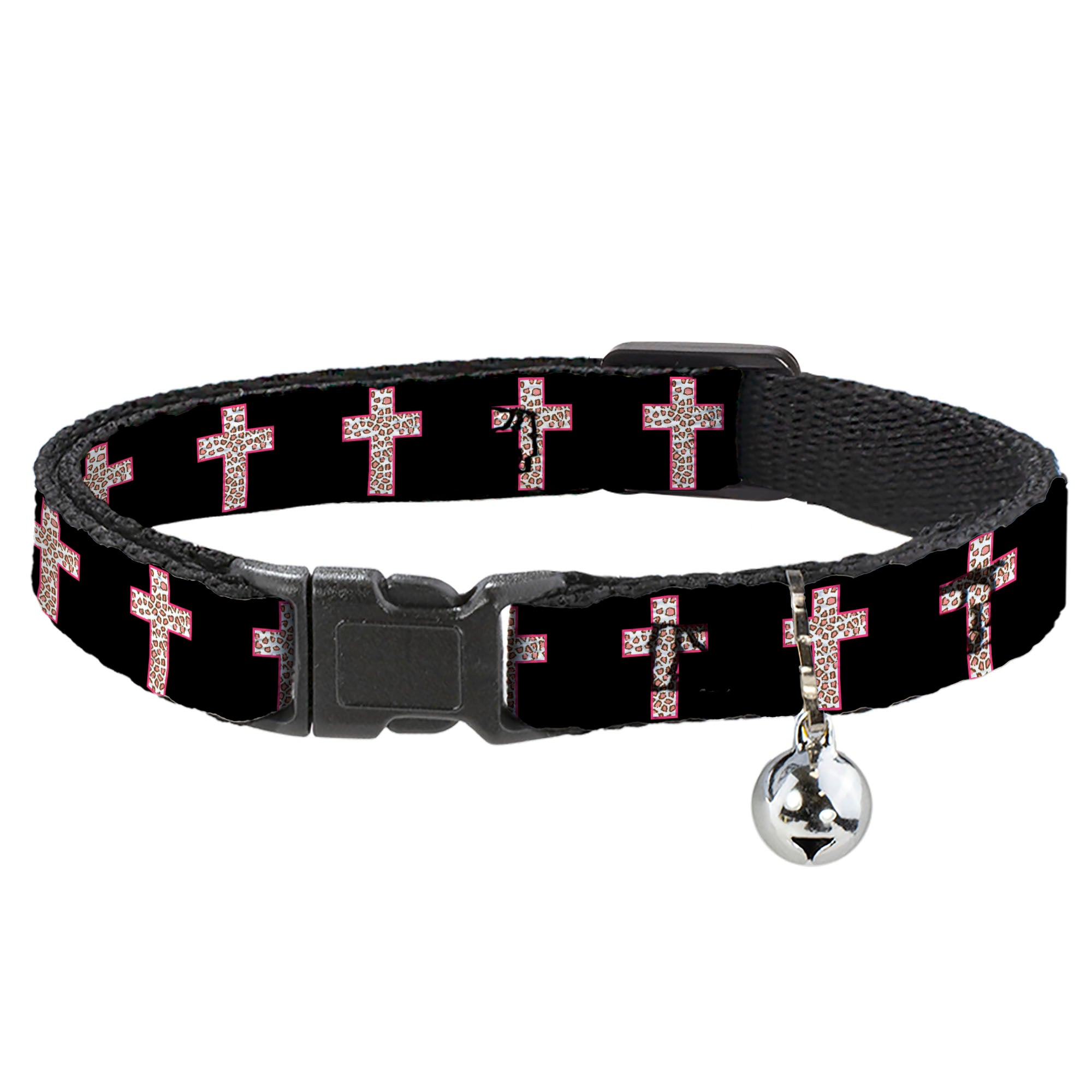 Cat Collar Breakaway - Cross Repeat Black Leopard Brown Pink Outline Breakaway Cat Collars Buckle-Down