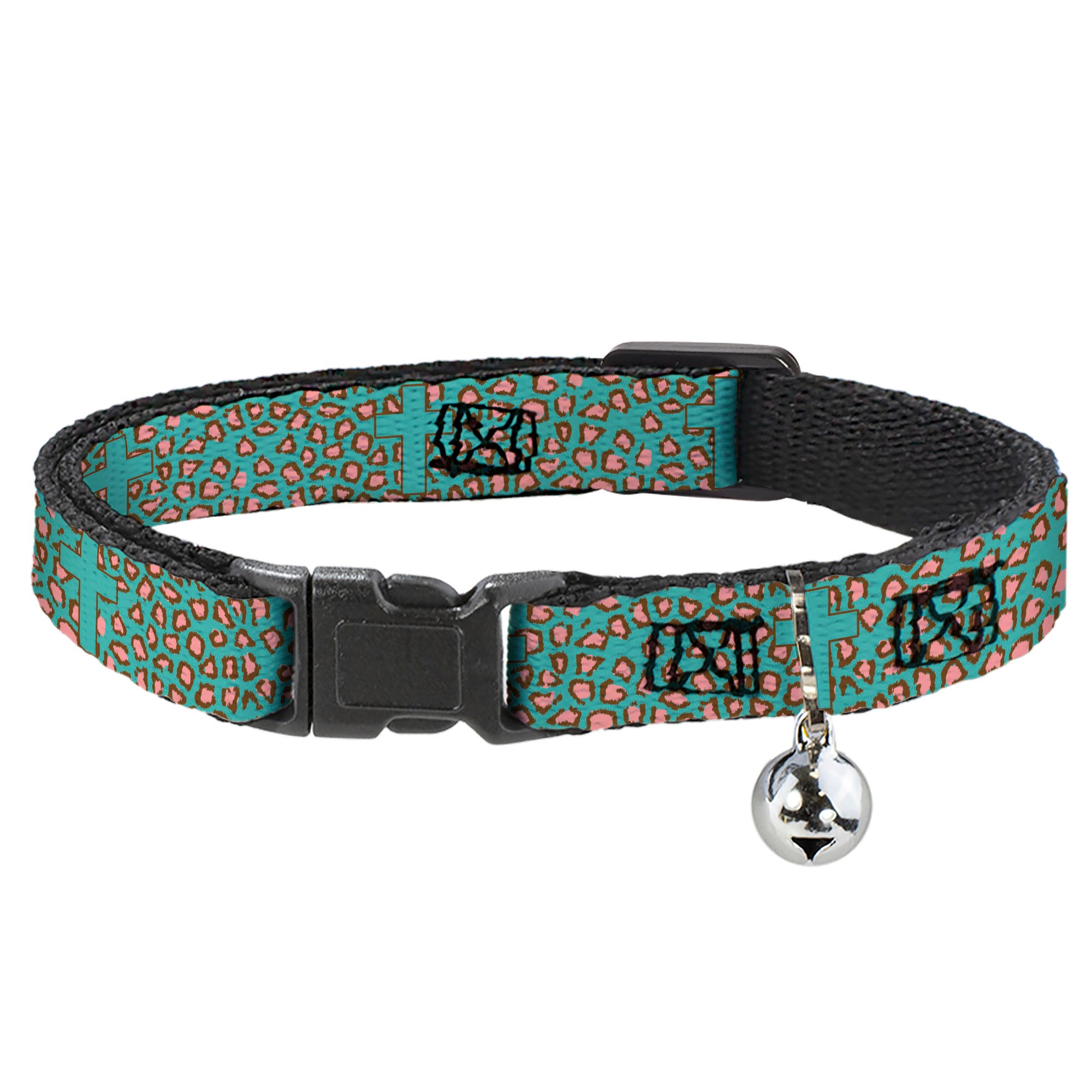 Cat Collar Breakaway - Cross Repeat Leopard Turquoise Pink Breakaway Cat Collars Buckle-Down