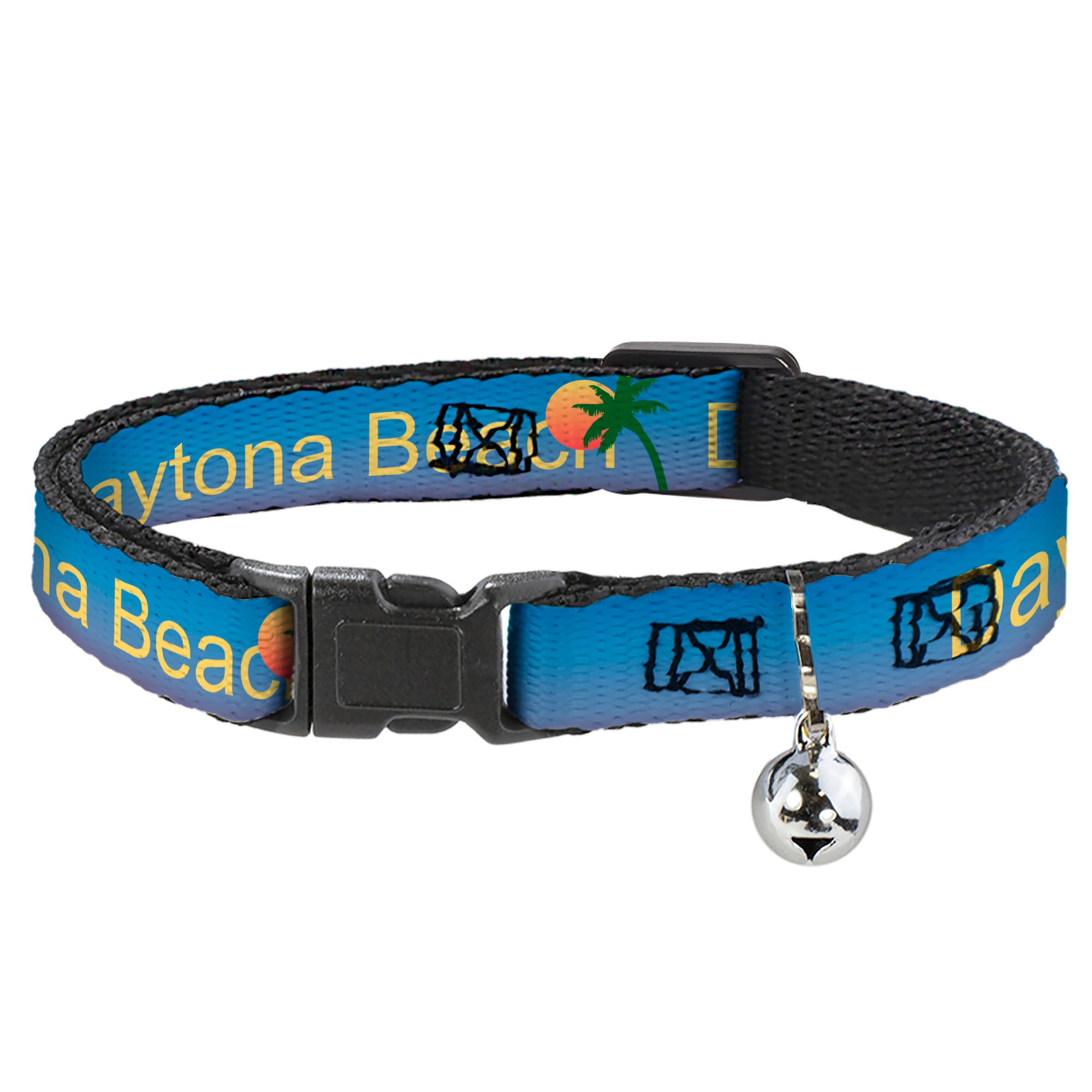 Cat Collar Breakaway - DAYTONA BEACH Script Sun Palm Trees Blue Fade Yellow Oranges Green Breakaway Cat Collars Buckle-Down