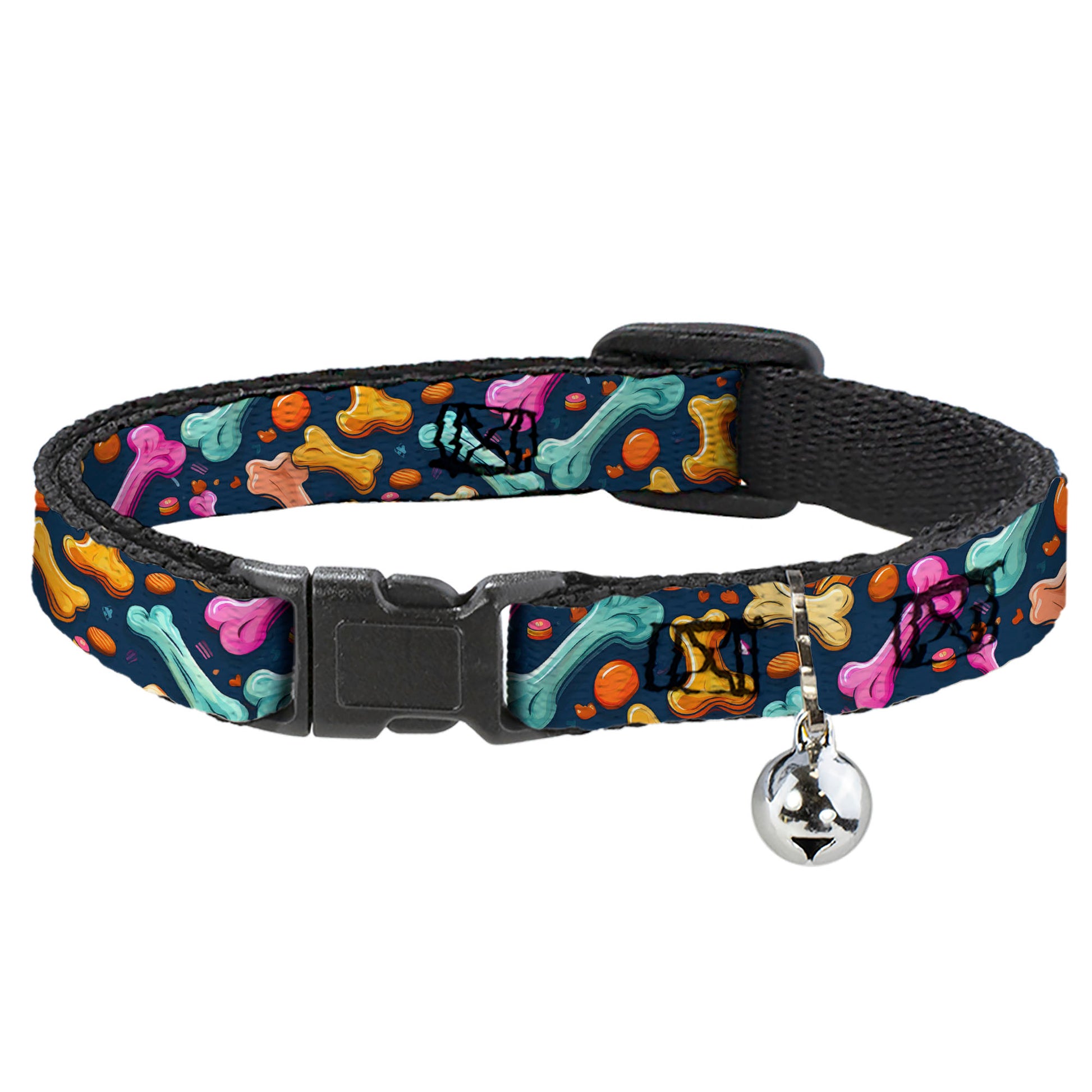 Breakaway Cat Collar with Bell - Dog Bone Treats Scattered Blue/Multi Color Breakaway Cat Collars Buckle-Down