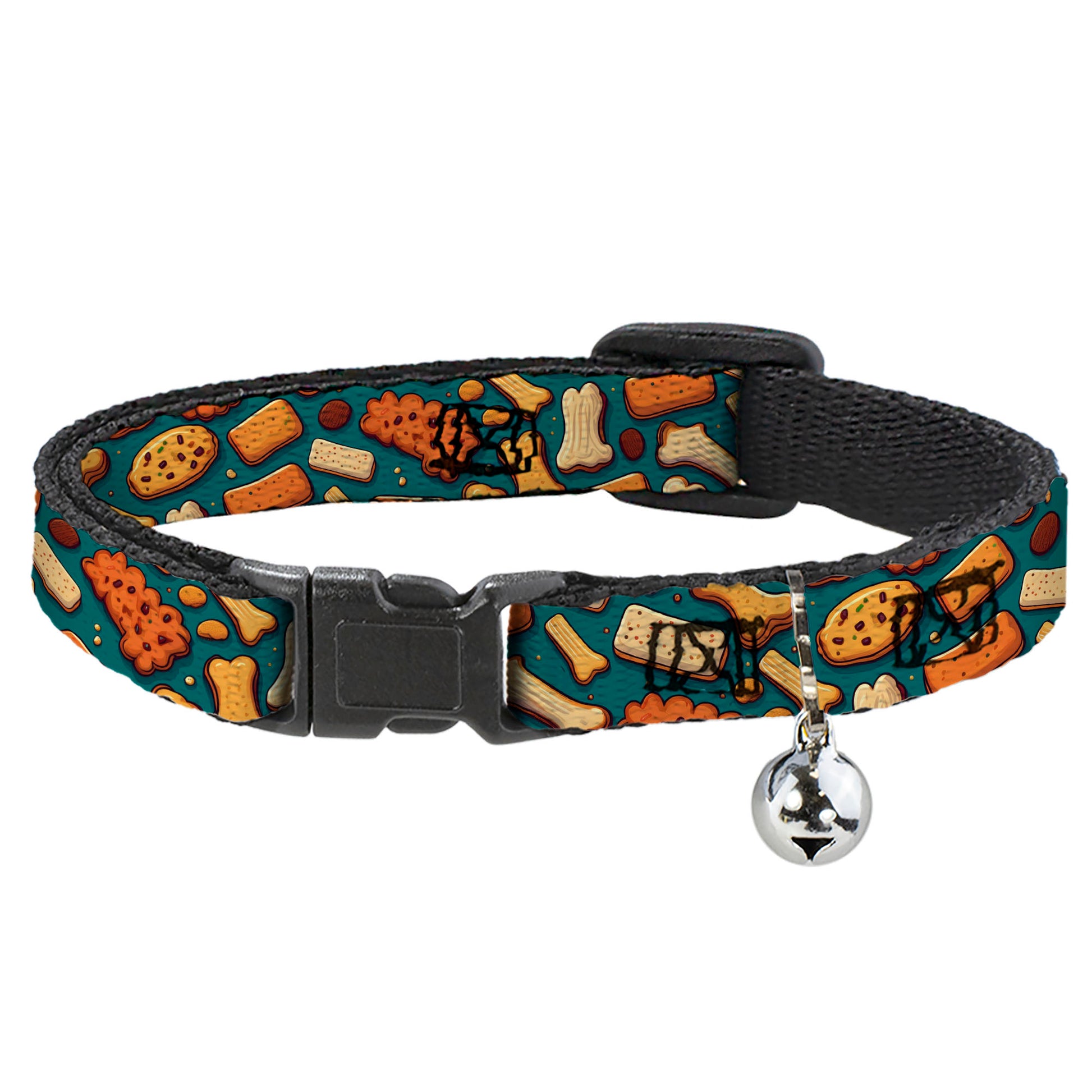 Breakaway Cat Collar with Bell - Dog Bone and Biscuit Treats Scattered Blue/Browns Breakaway Cat Collars Buckle-Down