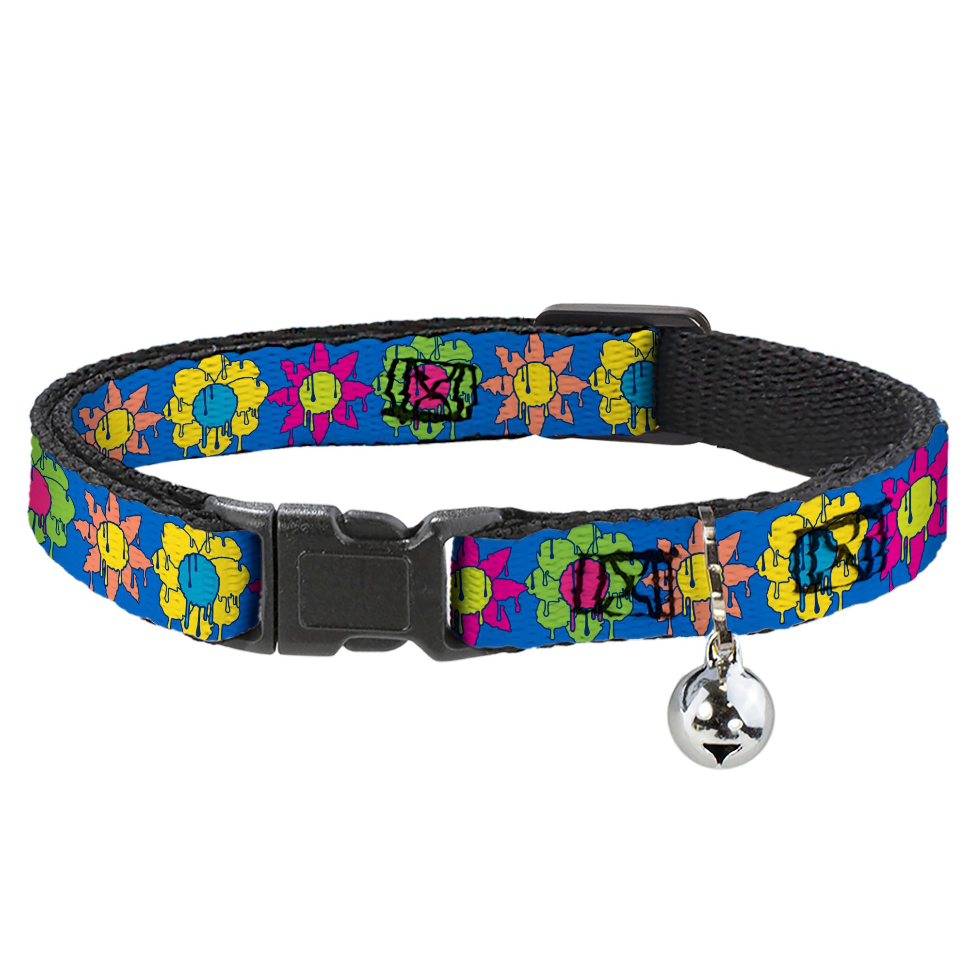 Breakaway Cat Collar with Bell - Funky Flower Drip Blue/Multi Color Breakaway Cat Collars Buckle-Down