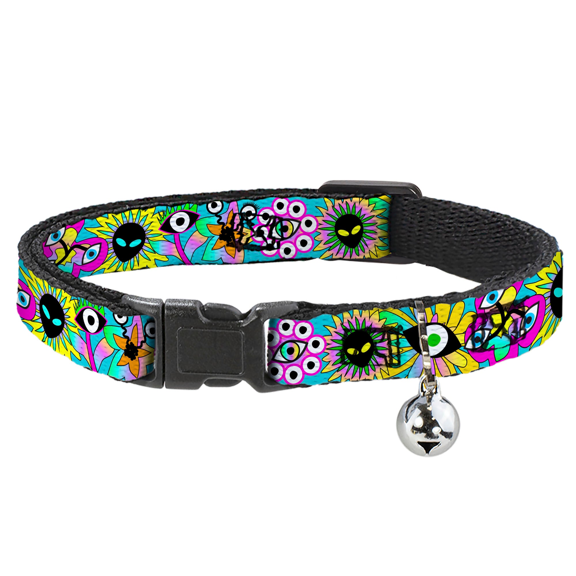 Breakaway Cat Collar with Bell - Funky Alien Flowers Aqua Blue/Multi Color Breakaway Cat Collars Buckle-Down