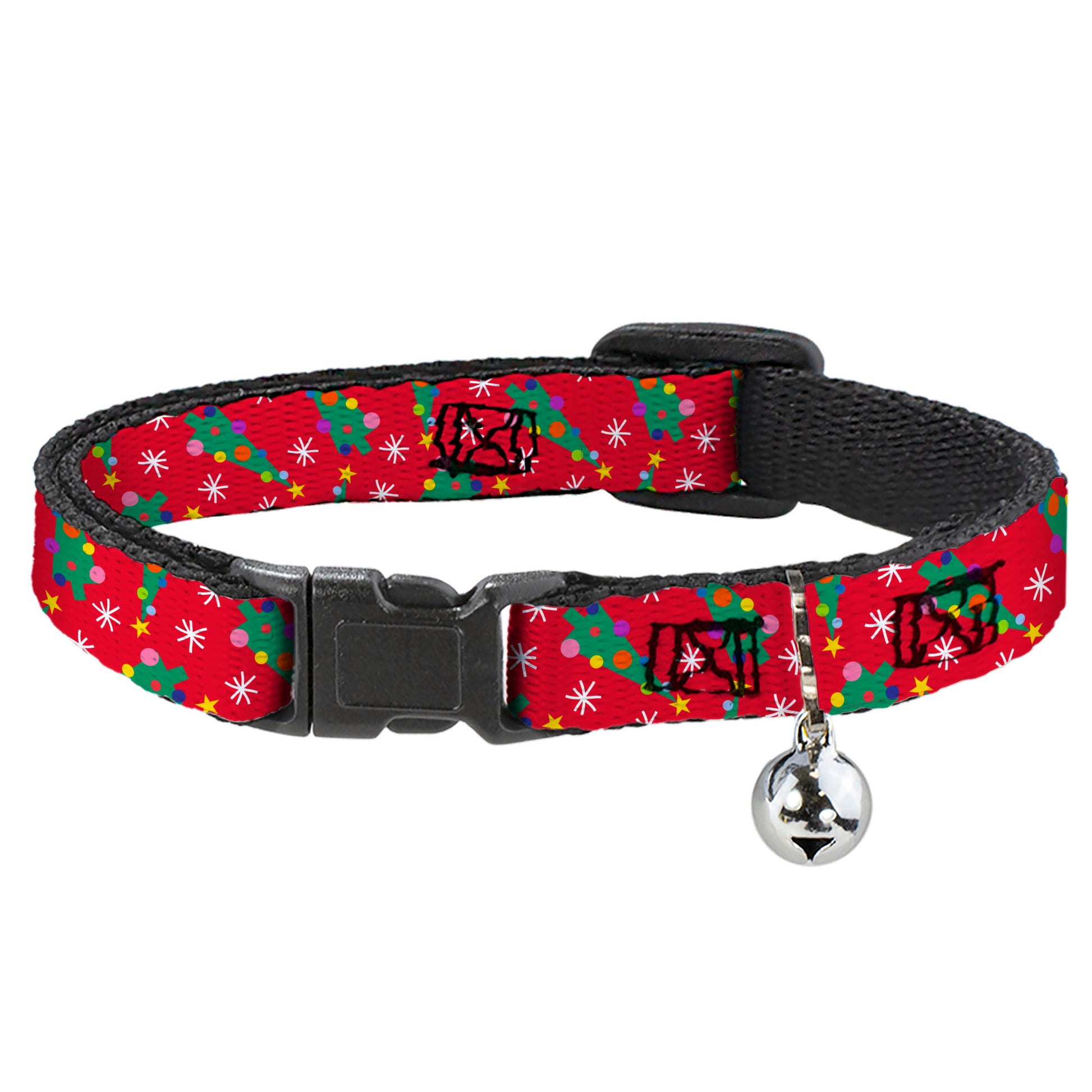 Breakaway Cat Collar with Bell - Festive Holiday Christmas Trees Scattered Red/Multi Color Breakaway Cat Collars Buckle-Down