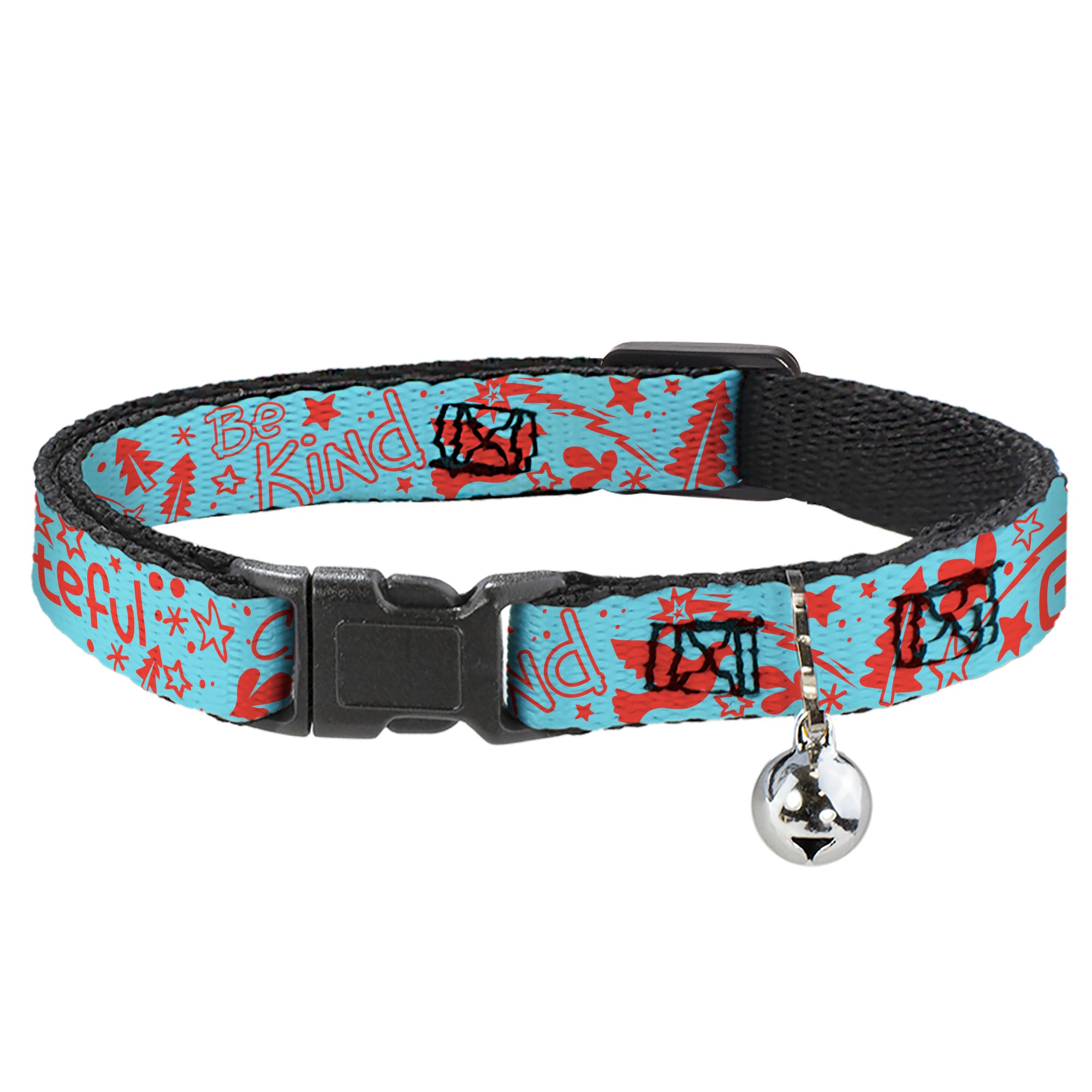 Breakaway Cat Collar with Bell - GRATEFUL OPTIMISM BE KIND Icons Collage Blue/Red Breakaway Cat Collars Buckle-Down