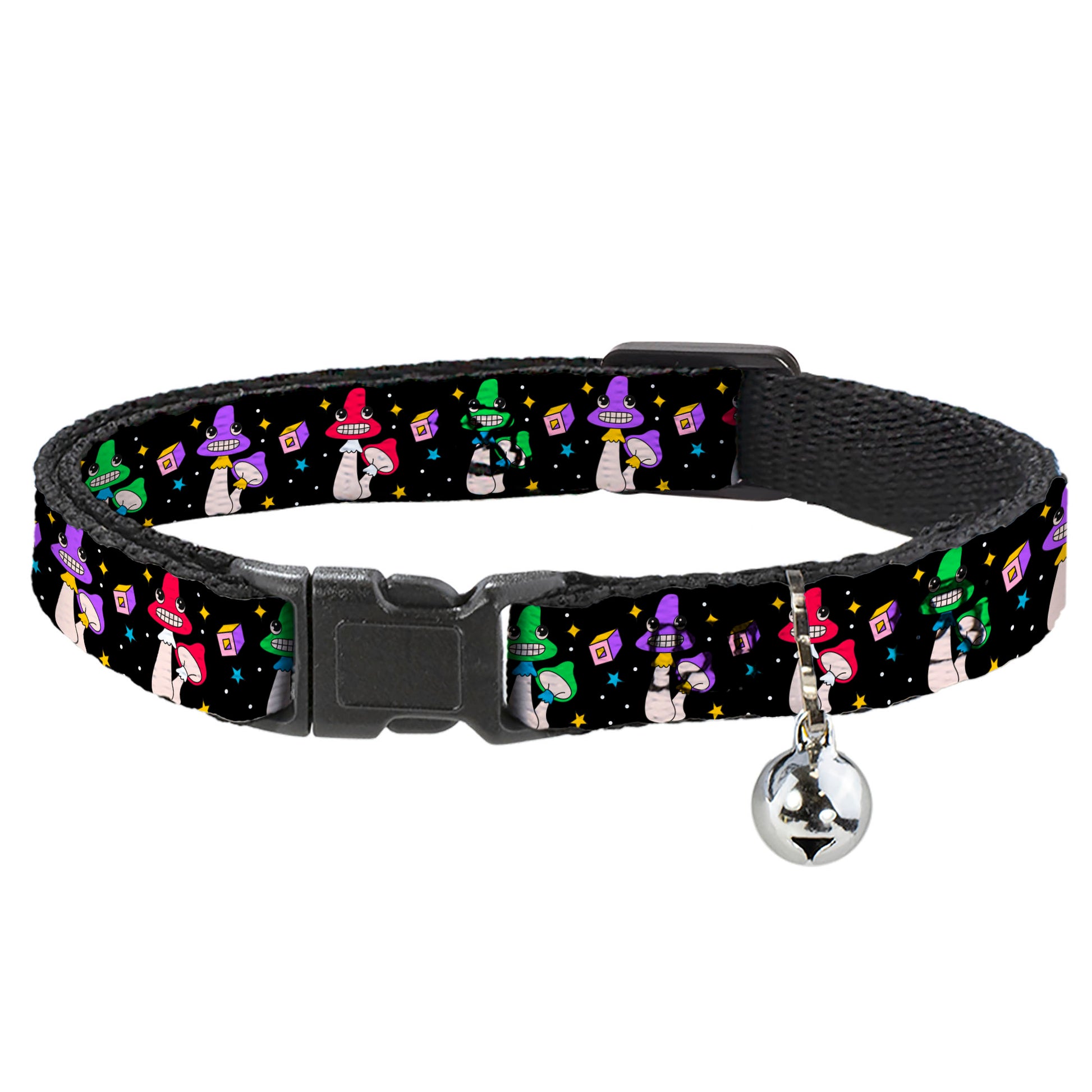 Cat Collar Breakaway with Bell - Happy Mushrooms with Stars Black Multi Color Breakaway Cat Collars Buckle-Down