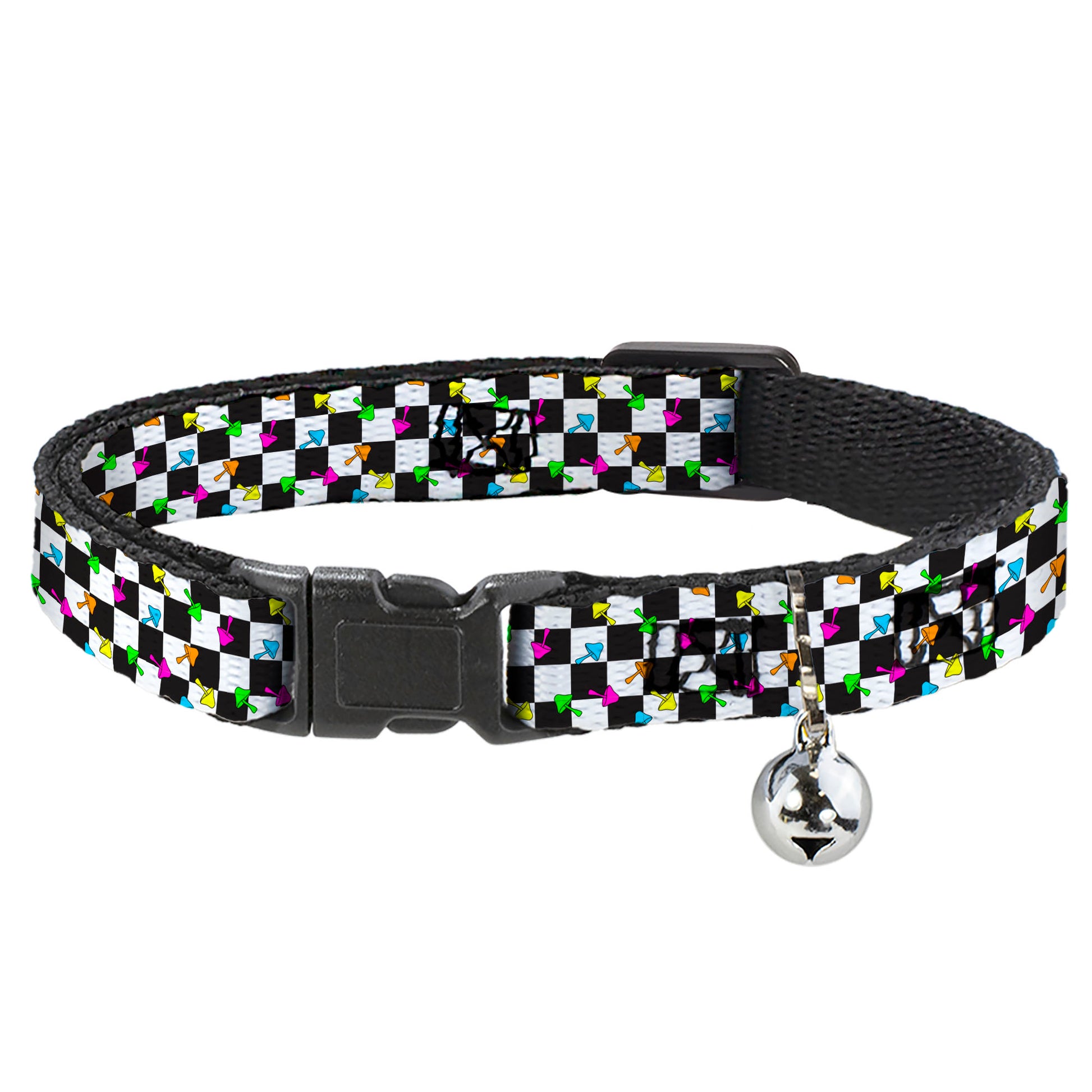 Cat Collar Breakaway with Bell - Mushrooms Scattered Checker Black White Multi Neon Breakaway Cat Collars Buckle-Down