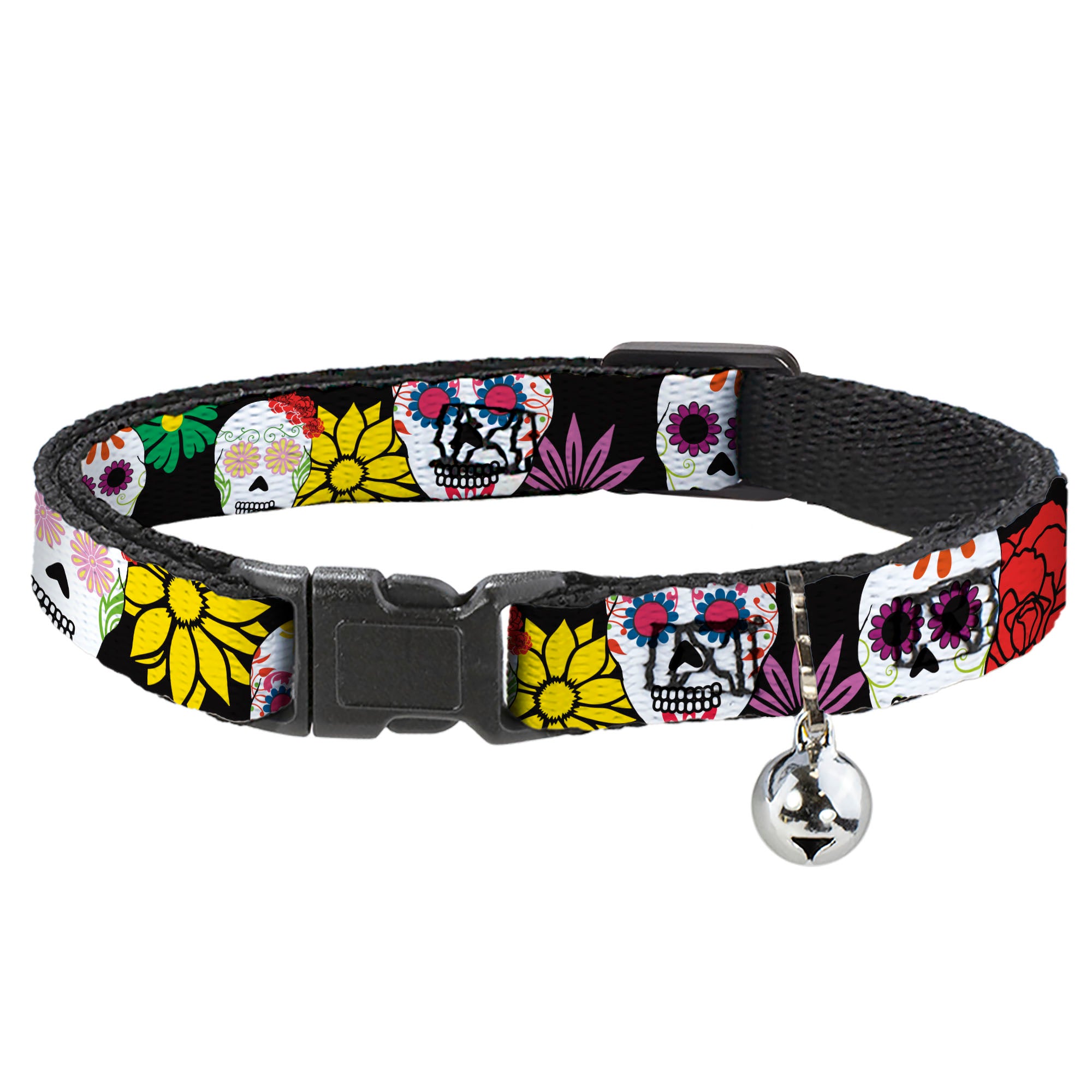 Cat Collar Breakaway - Sugar Skulls & Flowers Black Multi Color Breakaway Cat Collars Buckle-Down