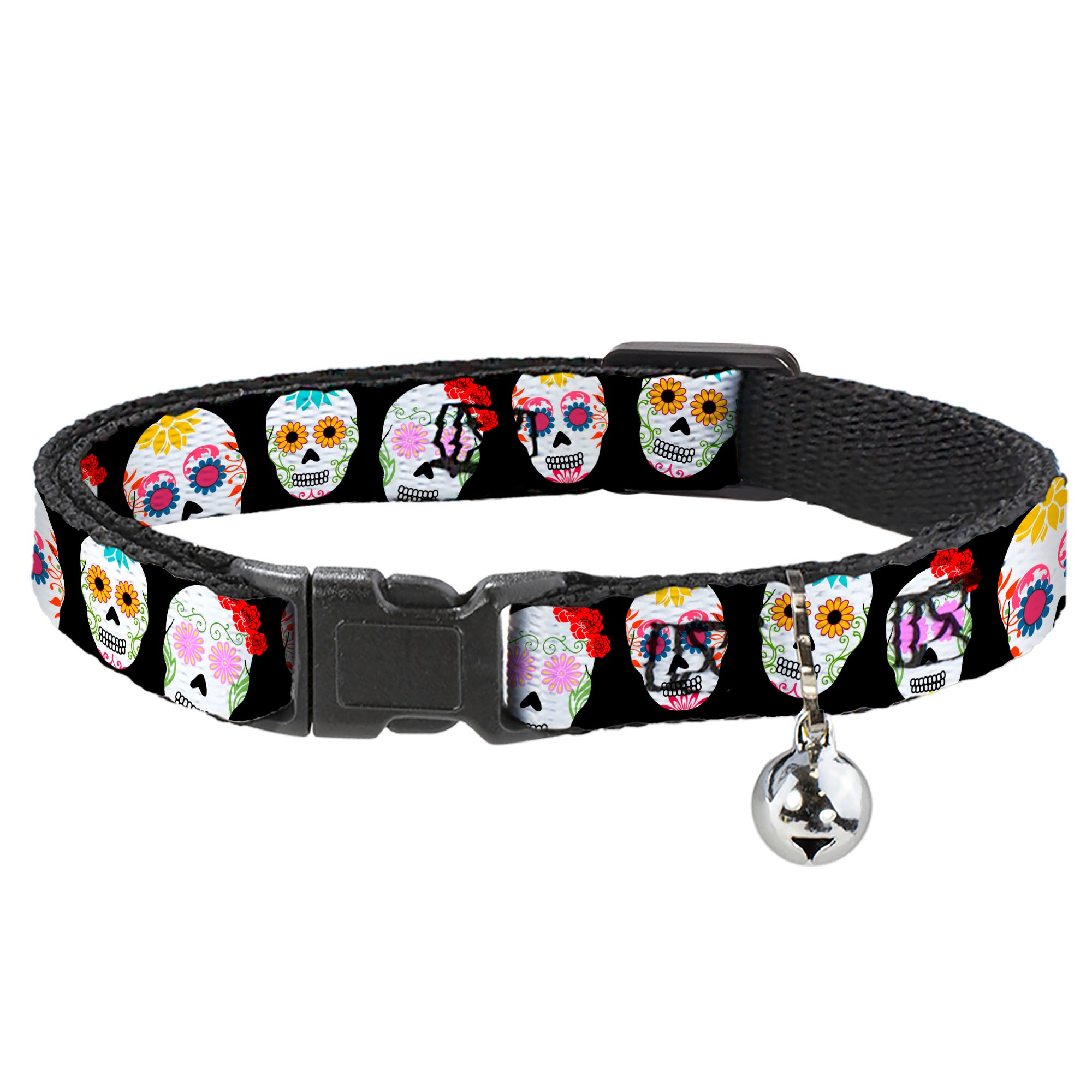 Cat Collar Breakaway - Staggered Sugar Skulls Black Multi Color Breakaway Cat Collars Buckle-Down
