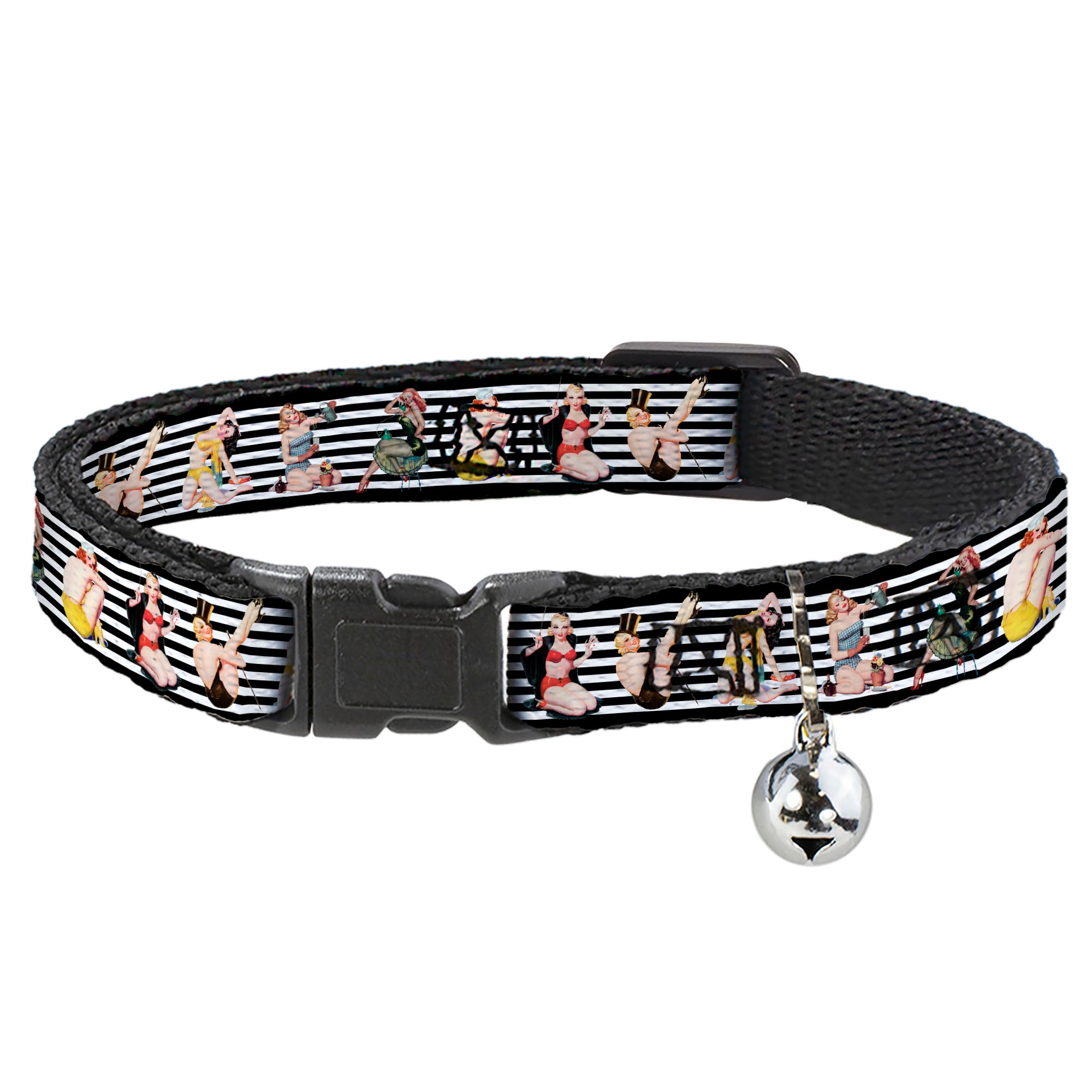 Cat Collar Breakaway - Pin Up Girl Poses Stripe Black White Breakaway Cat Collars Buckle-Down