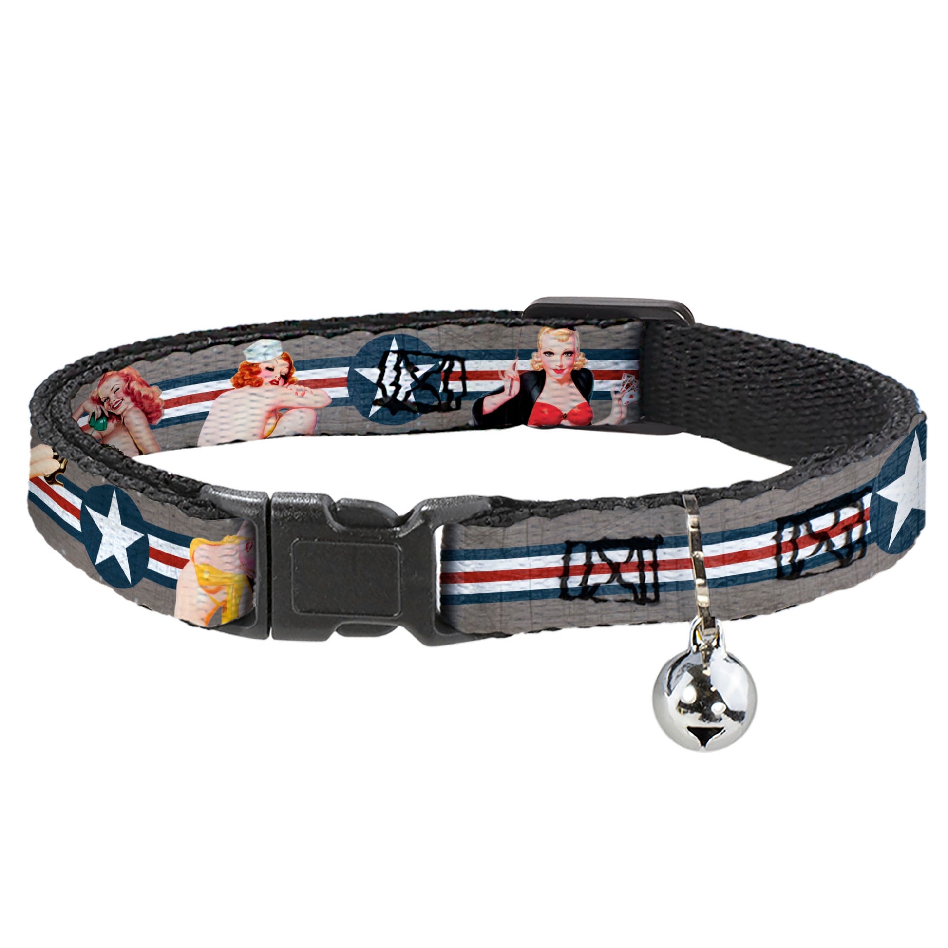 Cat Collar Breakaway - Pin Up Girl Poses Star & Stripes Gray Blue White Red Breakaway Cat Collars Buckle-Down