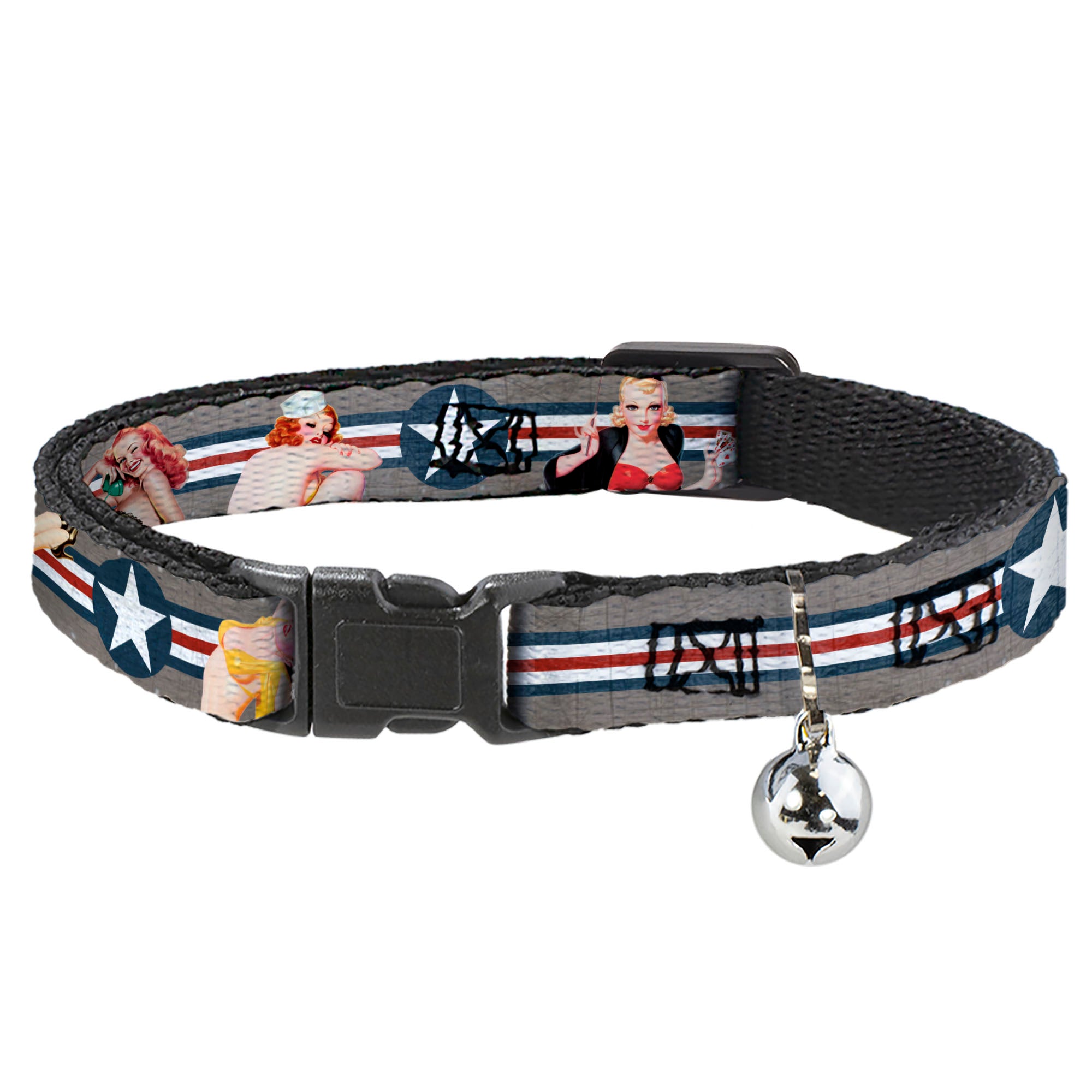 Cat Collar Breakaway - Pin Up Girl Poses Star & Stripes Gray Blue White Red Breakaway Cat Collars Buckle-Down