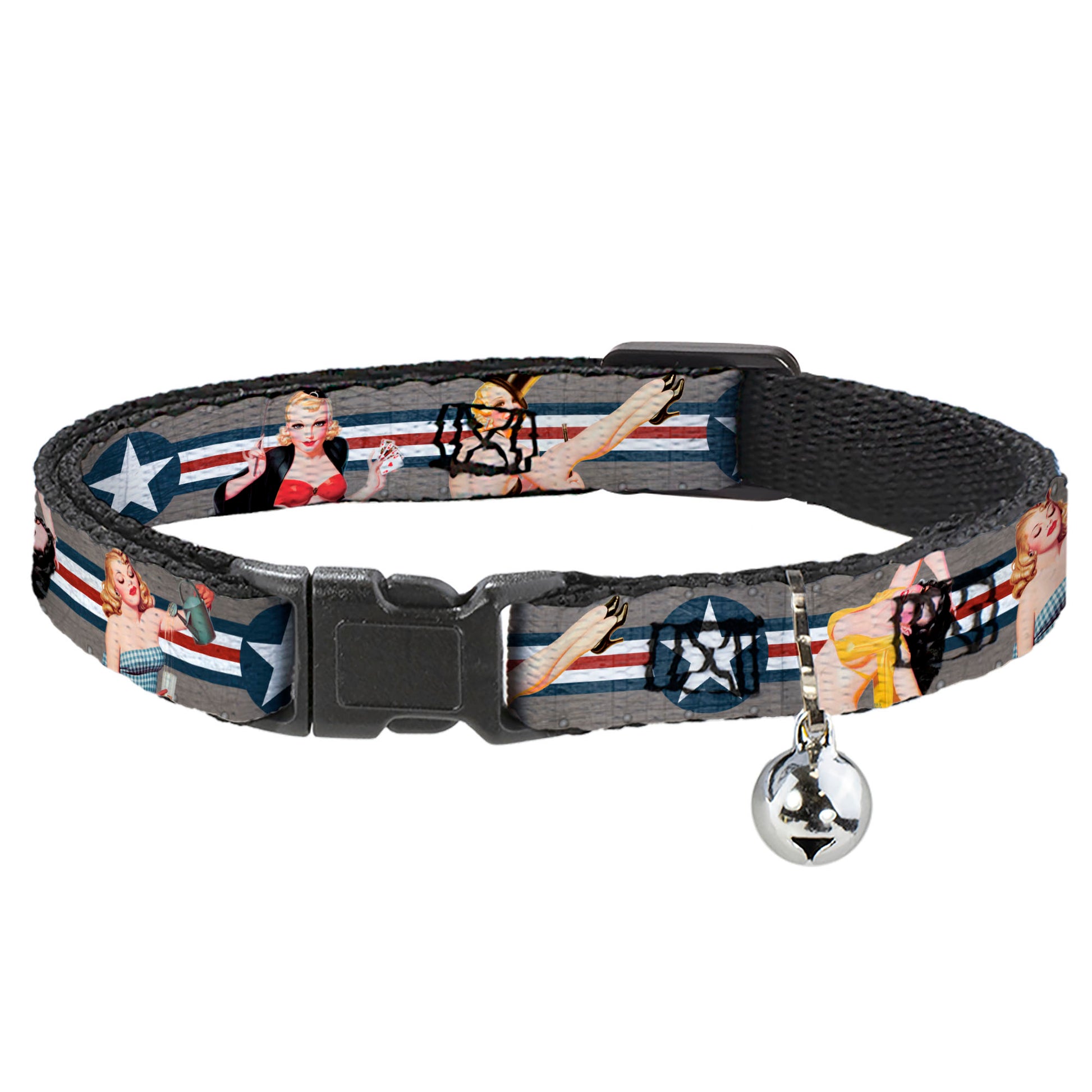 Cat Collar Breakaway - Pin Up Girl Poses CLOSE-UP Star & Stripes Gray Blue White Red Breakaway Cat Collars Buckle-Down