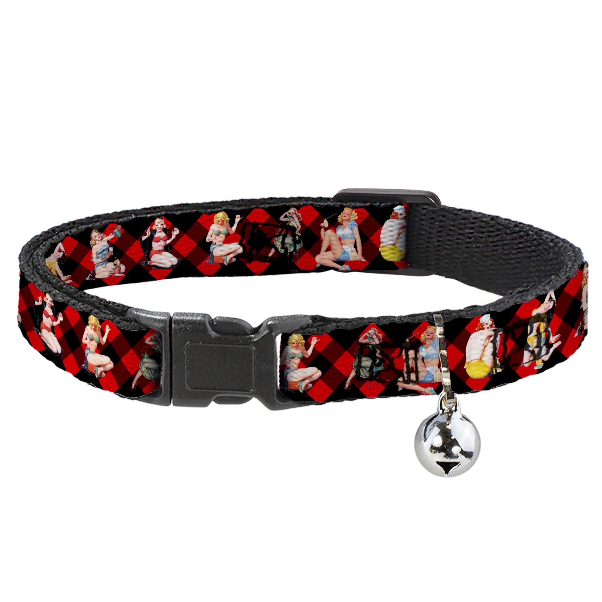 Cat Collar Breakaway - Pin Up Girl Poses Buffalo Plaid Blocks Black Red Breakaway Cat Collars Buckle-Down