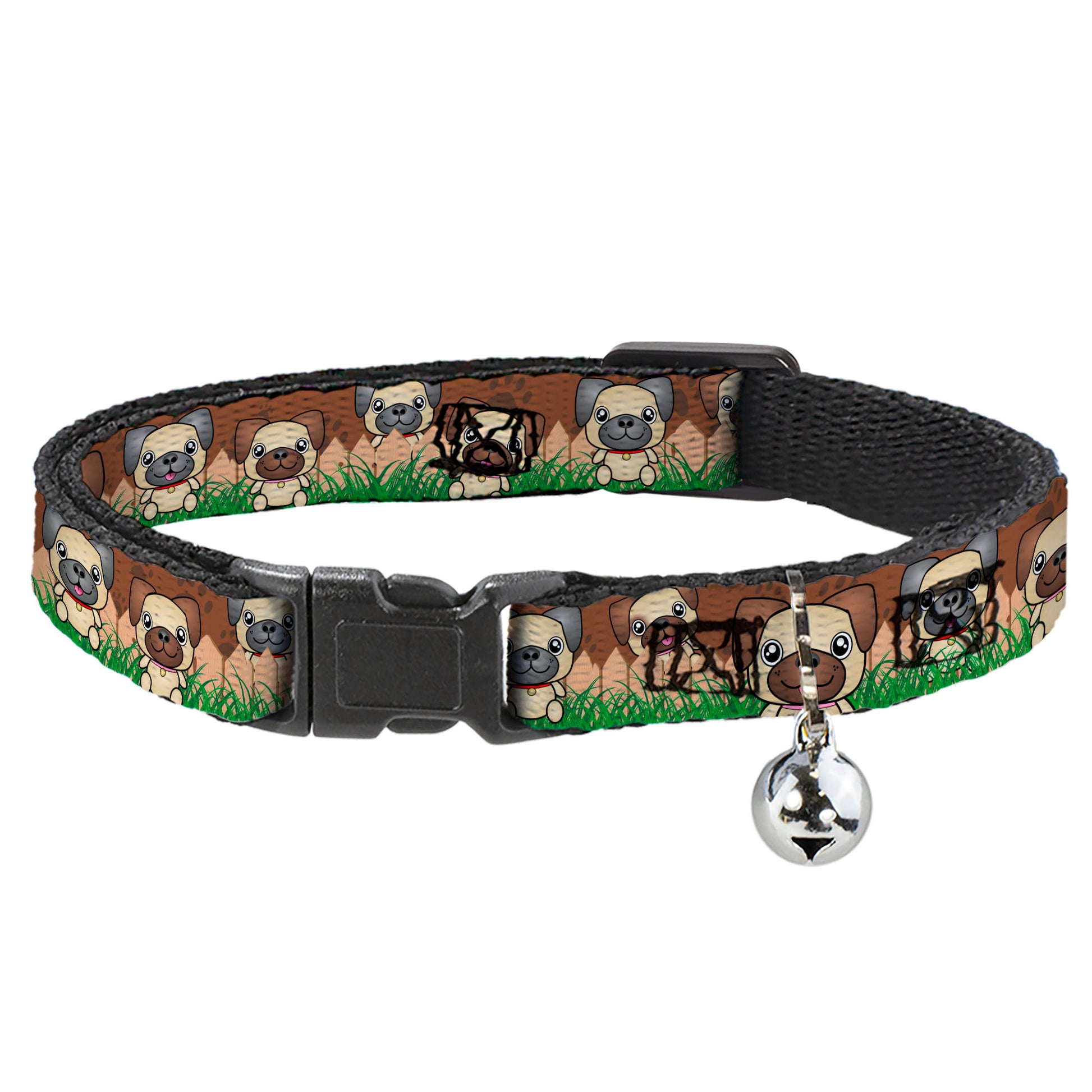 Cat Collar Breakaway - Pug Puppies Paw Prints Browns Greens Breakaway Cat Collars Buckle-Down