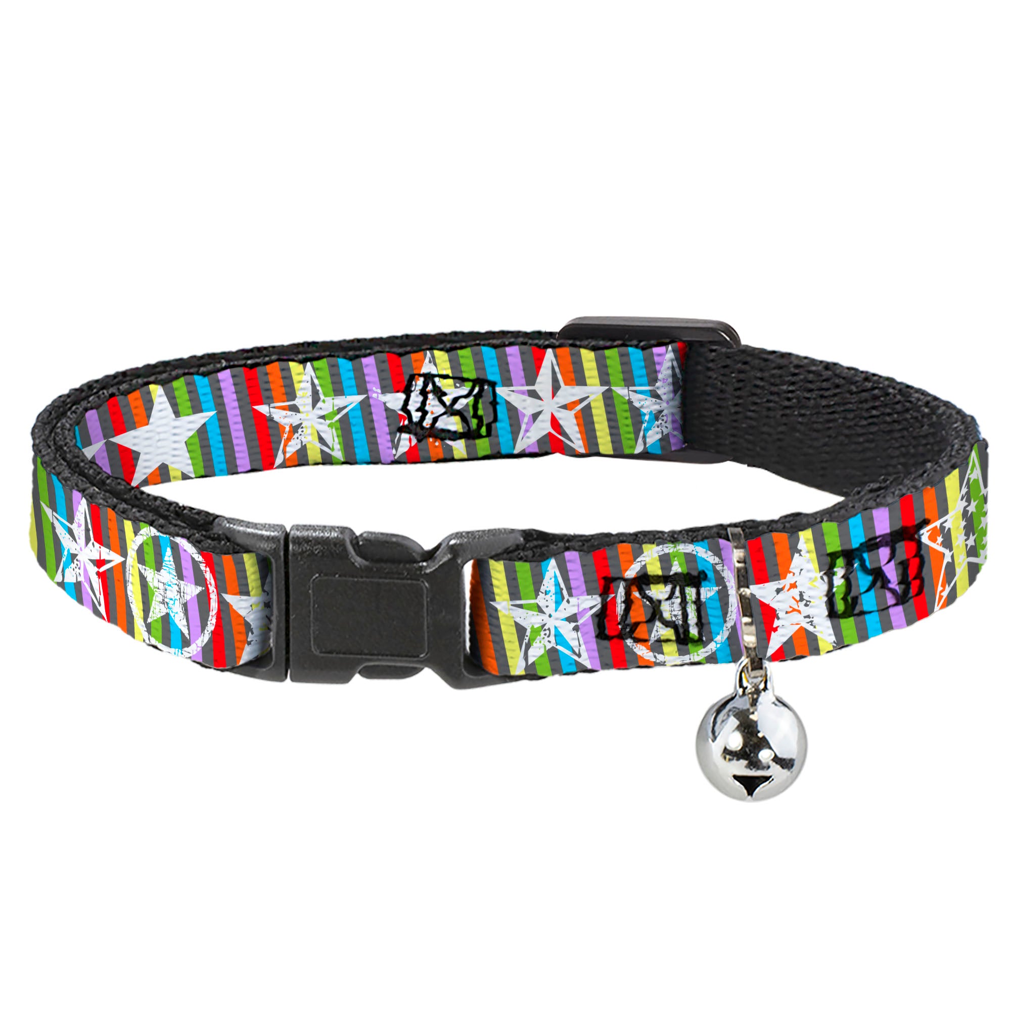 Cat Collar Breakaway - Stars w Lines Gray Multi Color White Breakaway Cat Collars Buckle-Down