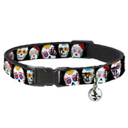 Cat Collar Breakaway - Sugar Skull Outline Black Multi Color Breakaway Cat Collars Buckle-Down