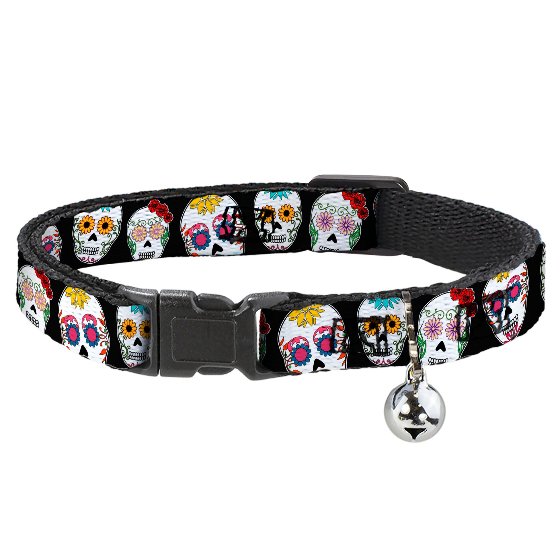 Cat Collar Breakaway - Sugar Skull Outline Black Multi Color Breakaway Cat Collars Buckle-Down