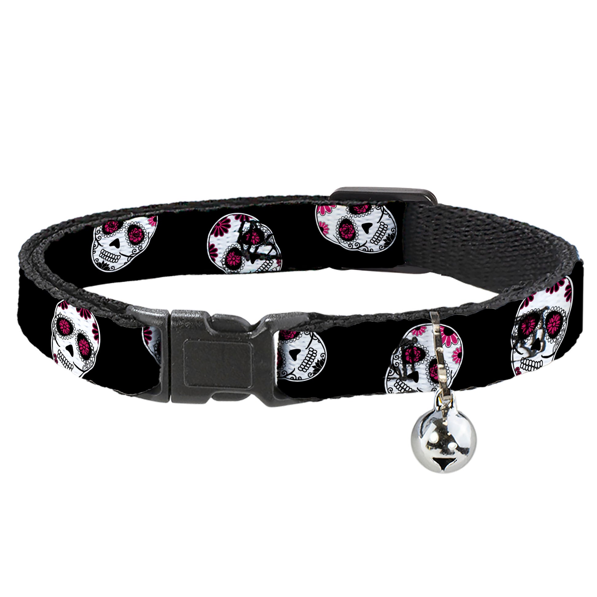 Cat Collar Breakaway - Sugar Skulls Scattered Black White Fuchsia Breakaway Cat Collars Buckle-Down