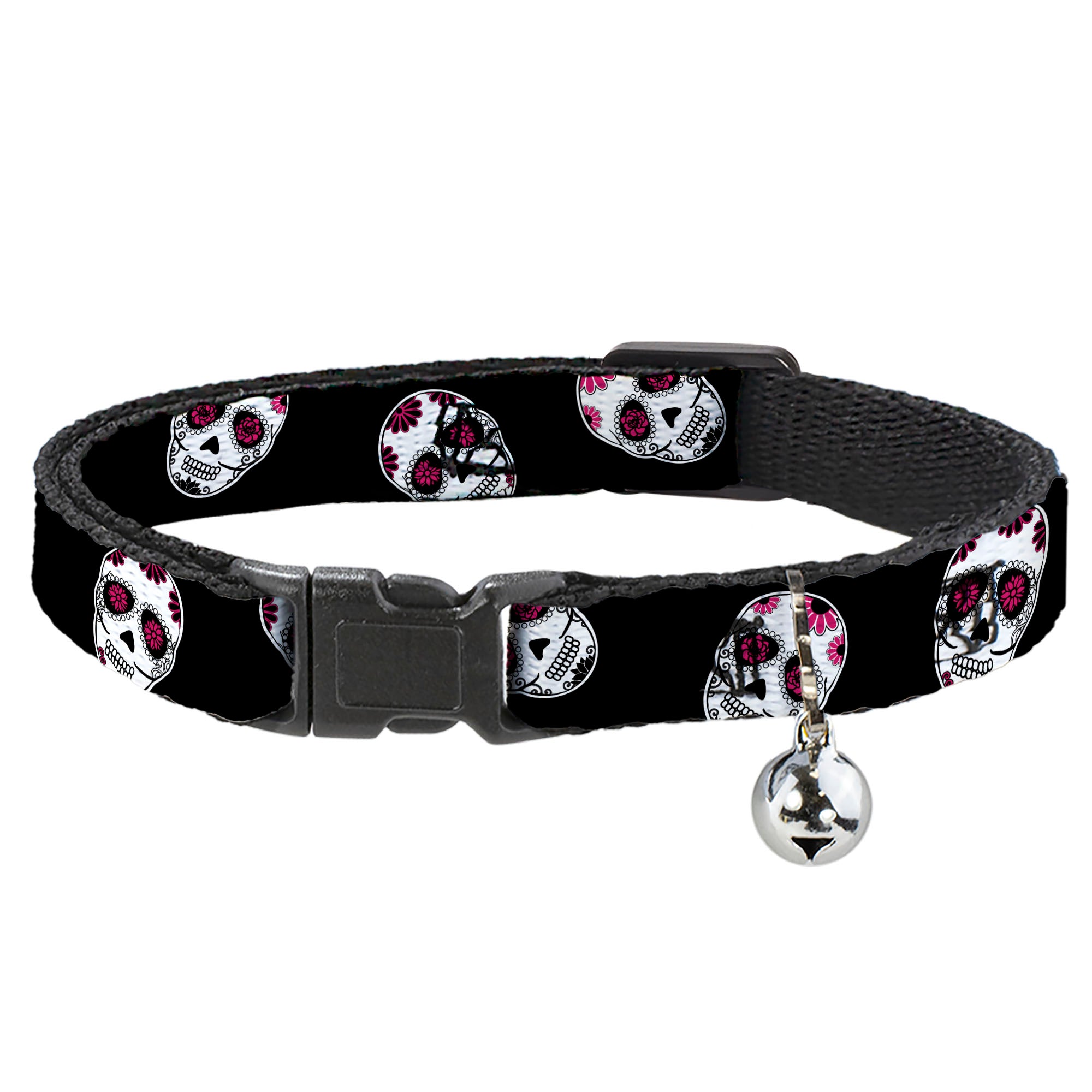 Cat Collar Breakaway - Sugar Skulls Scattered Black White Fuchsia Breakaway Cat Collars Buckle-Down
