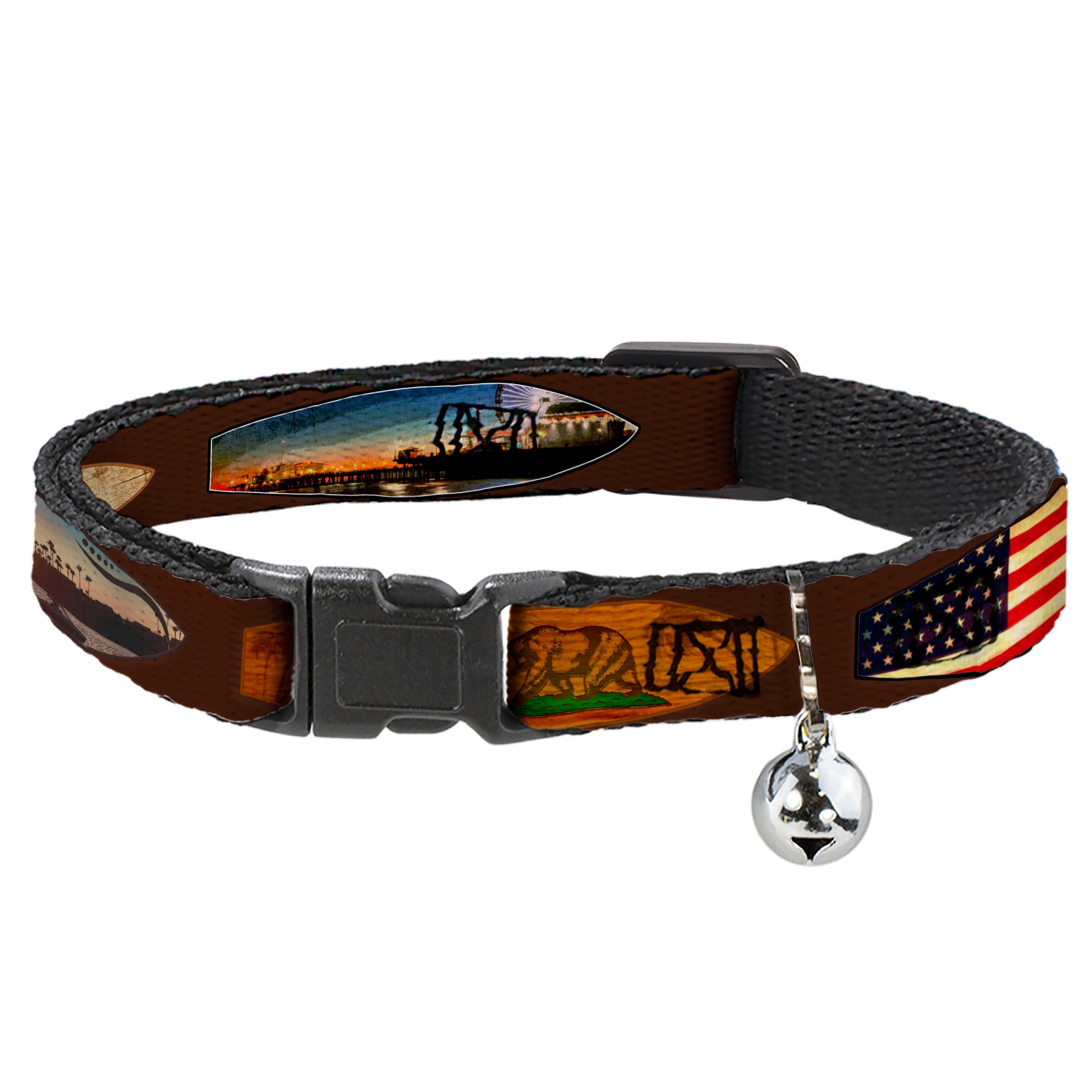 Cat Collar Breakaway - Surfboard Cali Scenes US Flag Brown Breakaway Cat Collars Buckle-Down