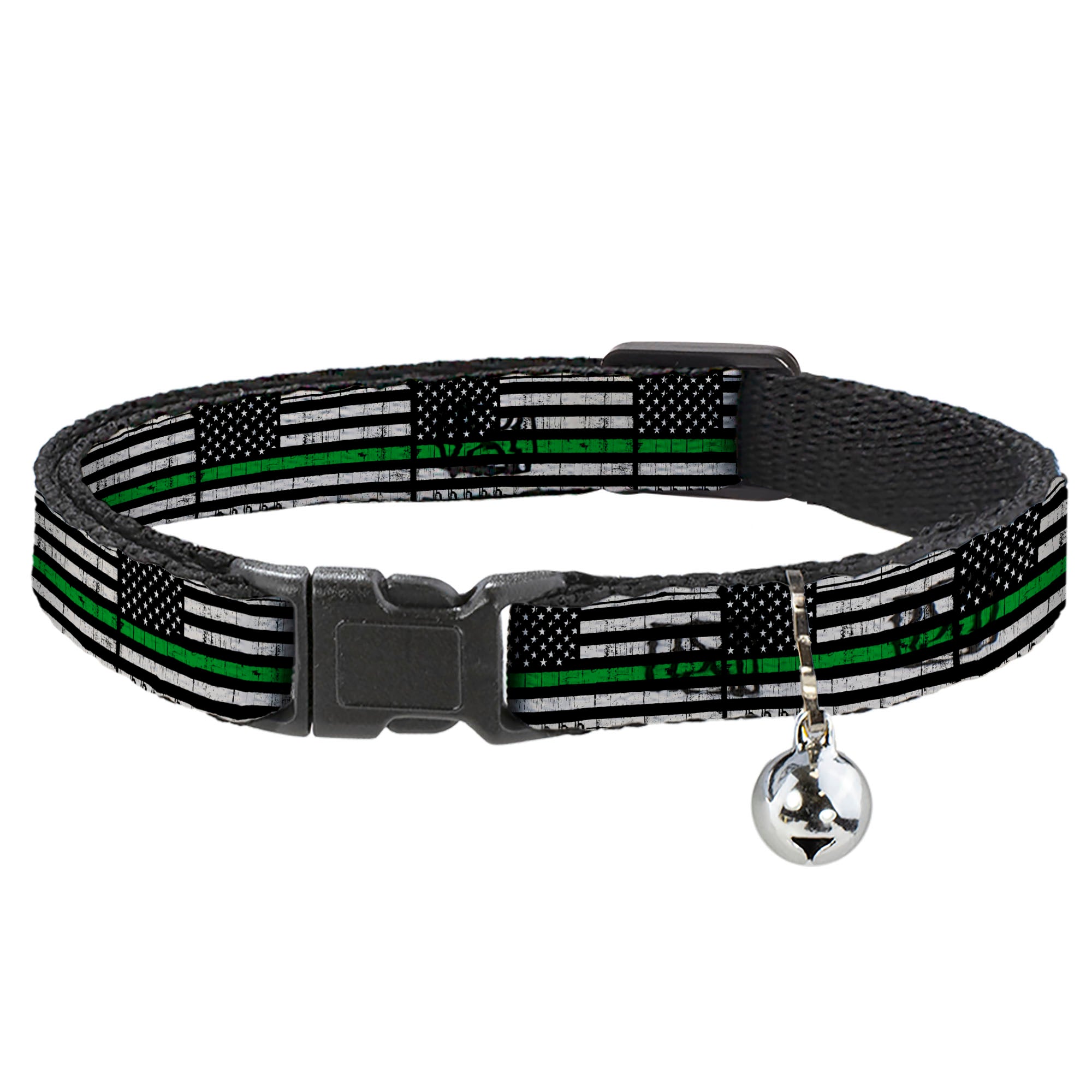 Breakaway Cat Collar with Bell - Thin Green Line Flag Weathered Black/Gray/Green Breakaway Cat Collars Buckle-Down