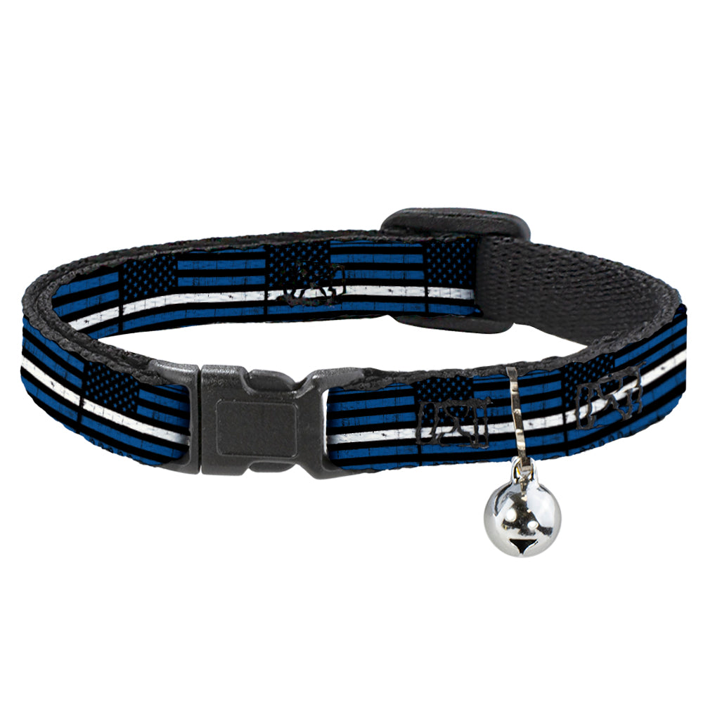 Breakaway Cat Collar with Bell - Thin White Line Flag Weathered Black/Blue/White Breakaway Cat Collars Buckle-Down