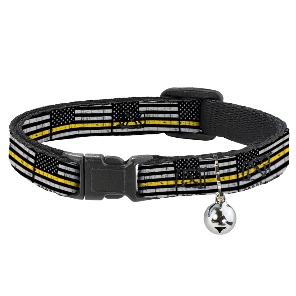 Breakaway Cat Collar with Bell - Thin Yellow Line Flag Weathered Black/Gray/Yellow Breakaway Cat Collars Buckle-Down
