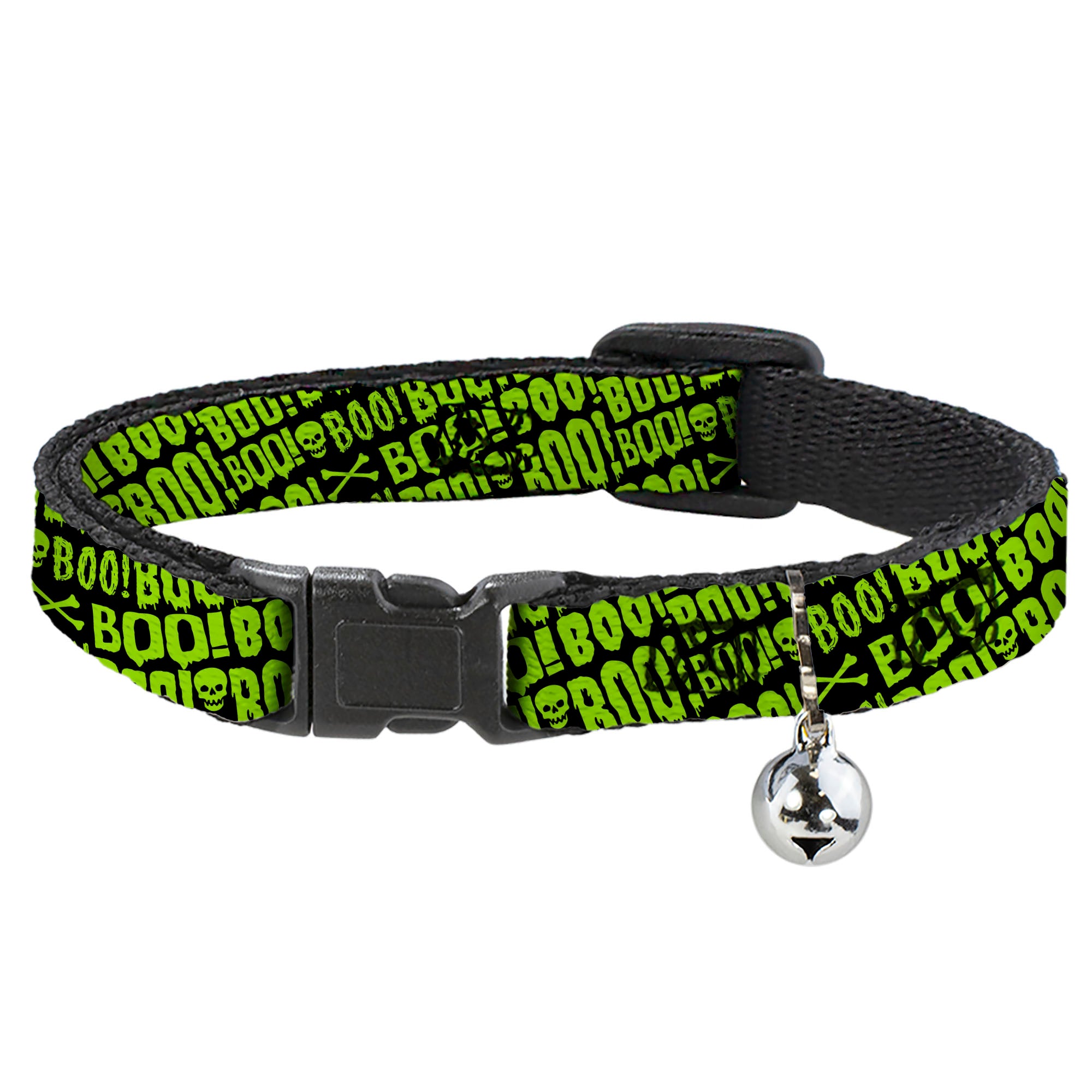Breakaway Cat Collar with Bell - BOO Text Skull and Crossbones Black/Green Breakaway Cat Collars Buckle-Down