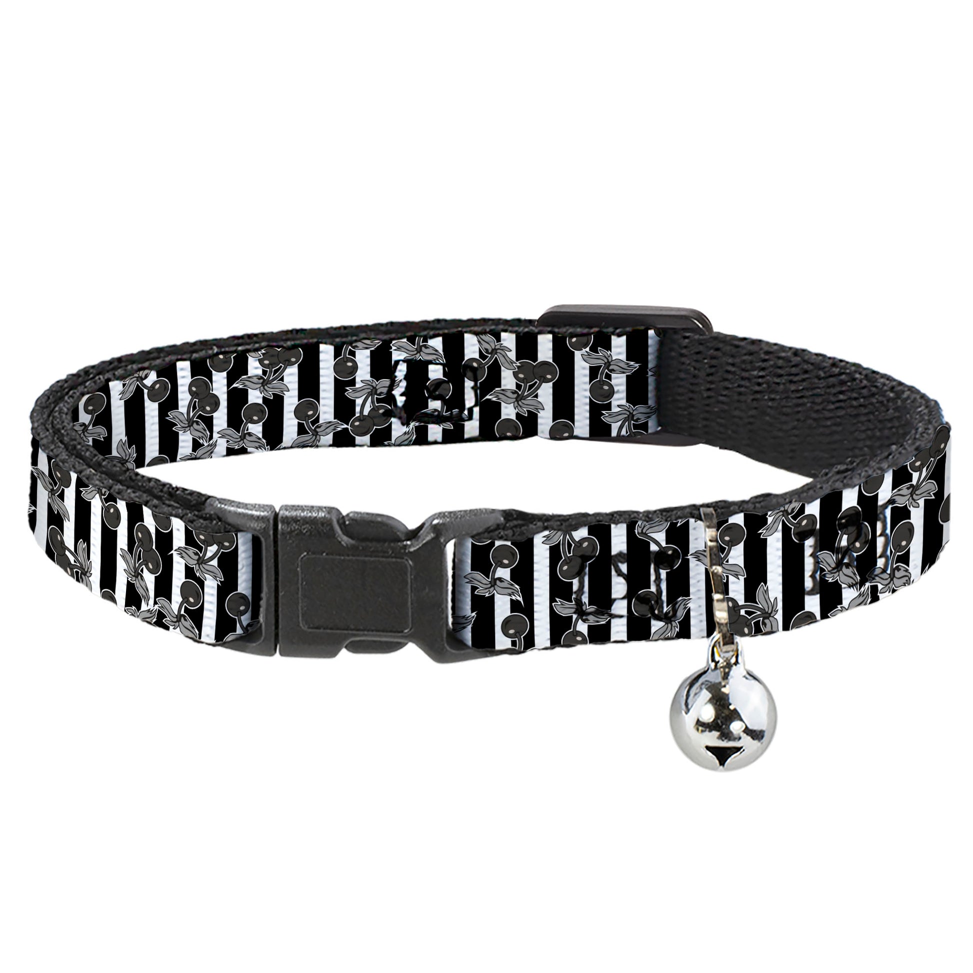 Cat Collar Breakaway - Cherries Scattered Vertical Stripe White Black Grays Breakaway Cat Collars Buckle-Down