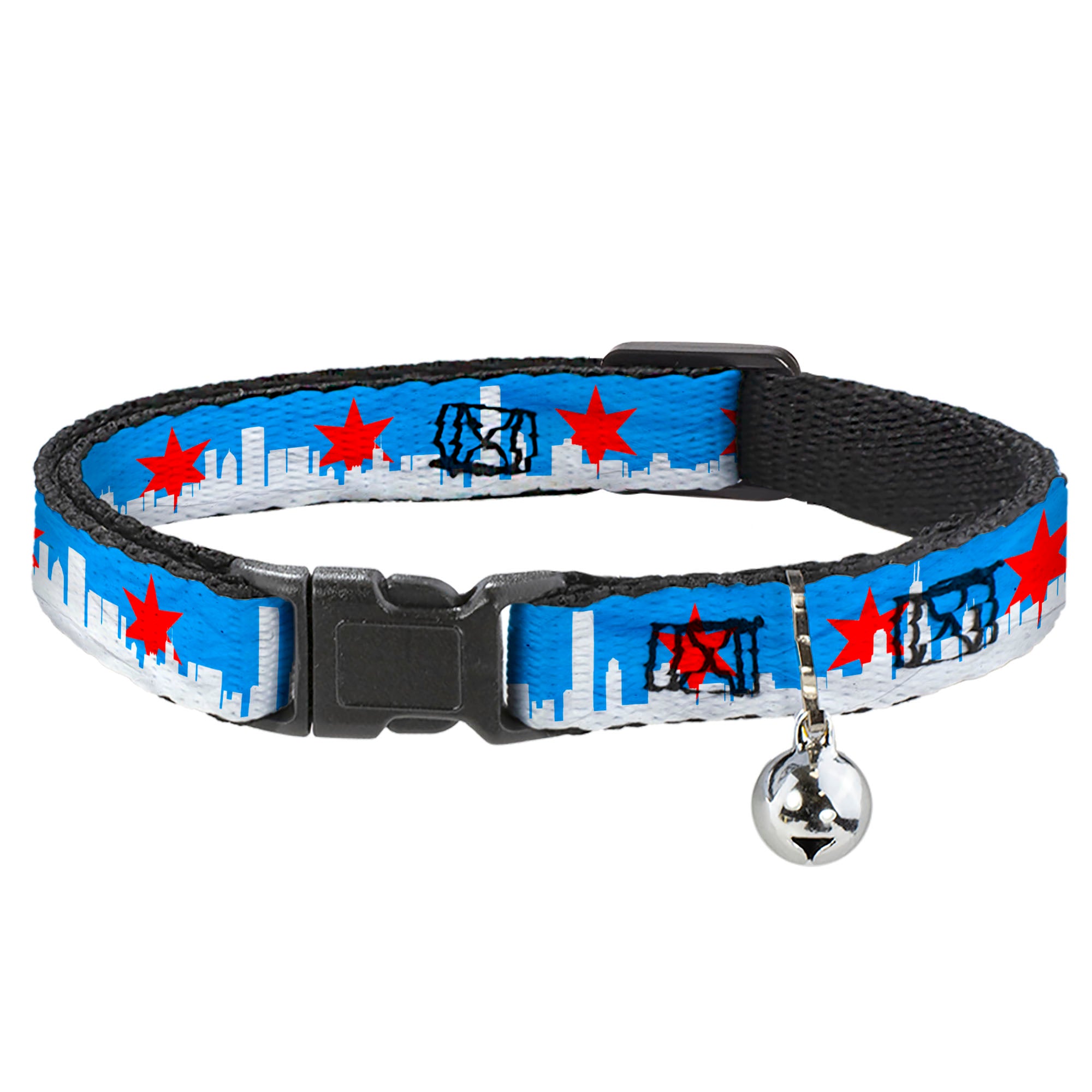 Cat Collar Breakaway - Chicago Skyline Flag Distressed Black White Red Breakaway Cat Collars Buckle-Down