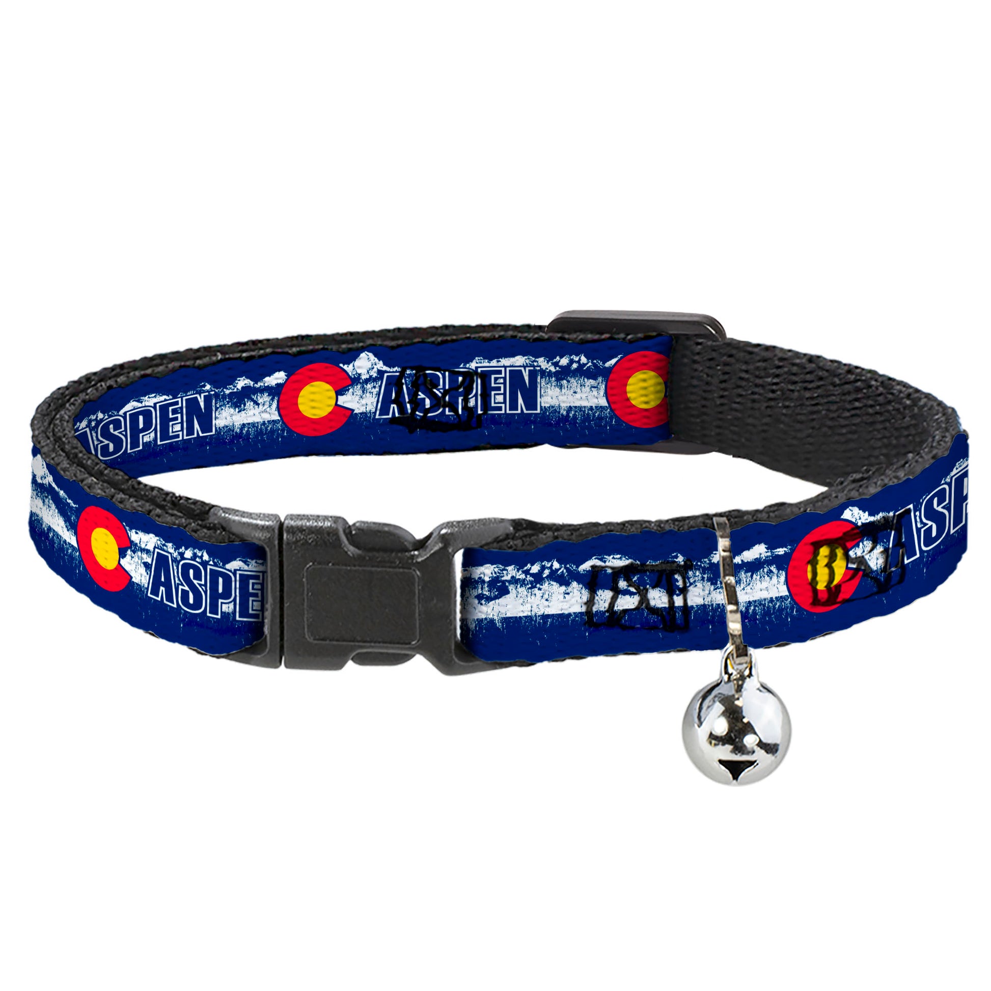 Cat Collar Breakaway - Colorado ASPEN Flag Snowy Mountains Weathered2 Blue White Red Yellows Breakaway Cat Collars Buckle-Down