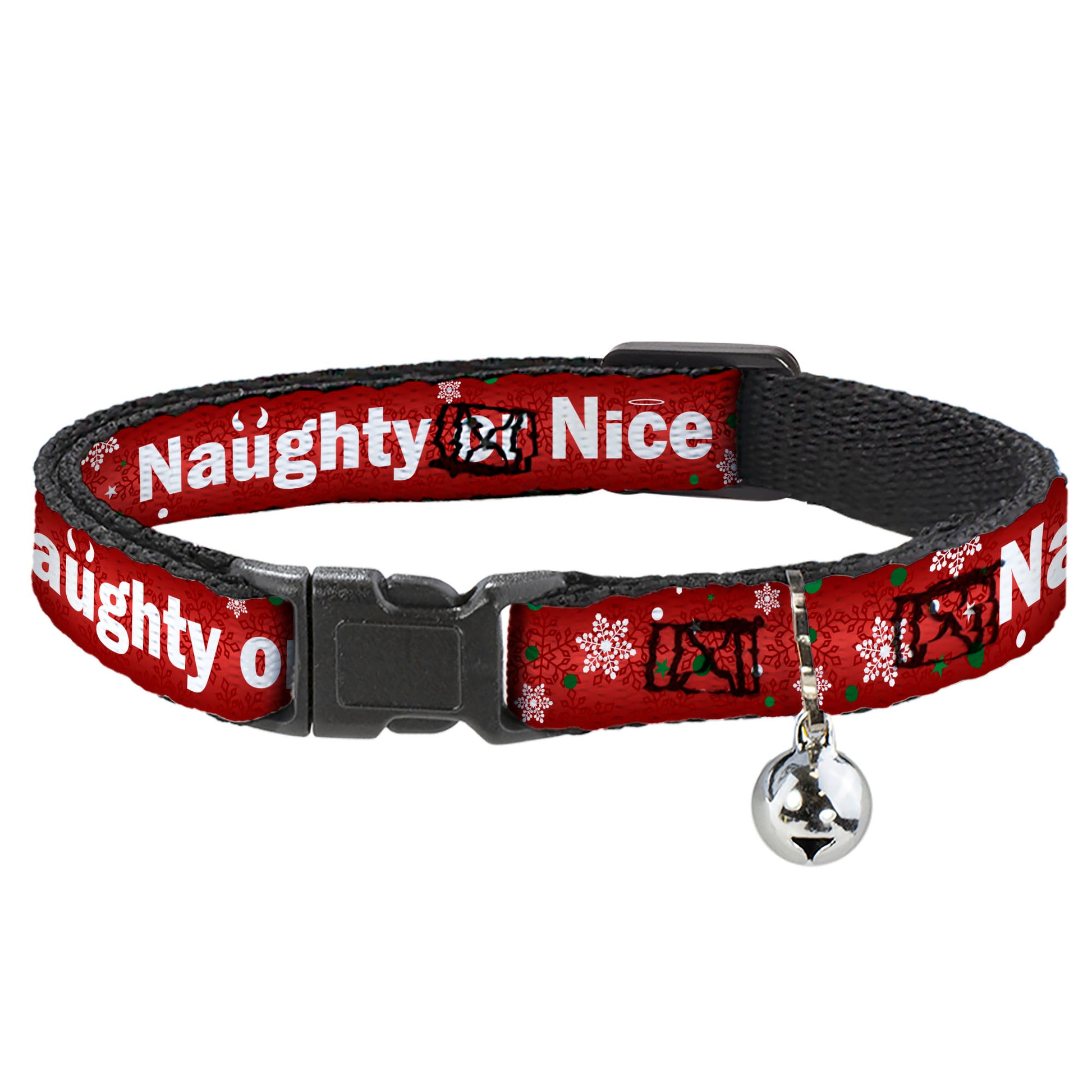 Cat Collar Breakaway - Christmas NAUGHTY OR NICE Snowflakes Reds White Green Breakaway Cat Collars Buckle-Down