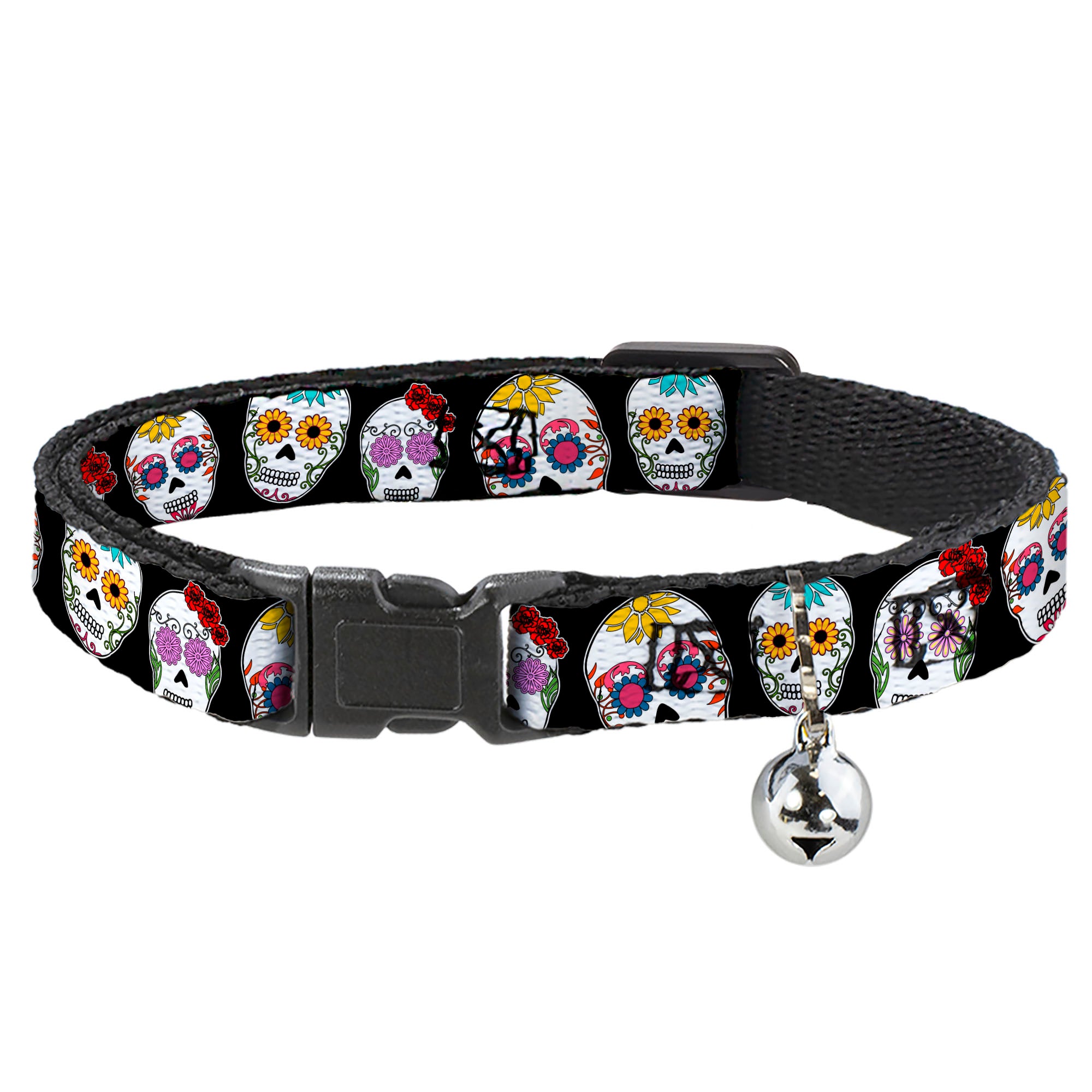 Cat Collar Breakaway - Staggered Sugar Skulls CLOSE-UP Black Multi Color Breakaway Cat Collars Buckle-Down